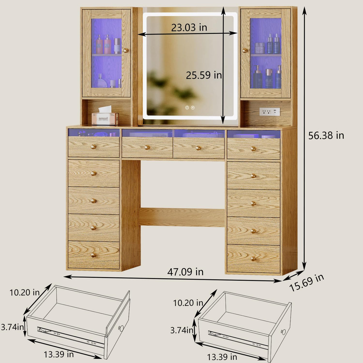 Chrangmay 47" Big Modern Vanity Desk with Mirror and Lights,Makeup Vanity Desk with 12 Drawers and Two PGB Storage cabinets & Power Outlet, Dressing Table with Glass Top, Oak