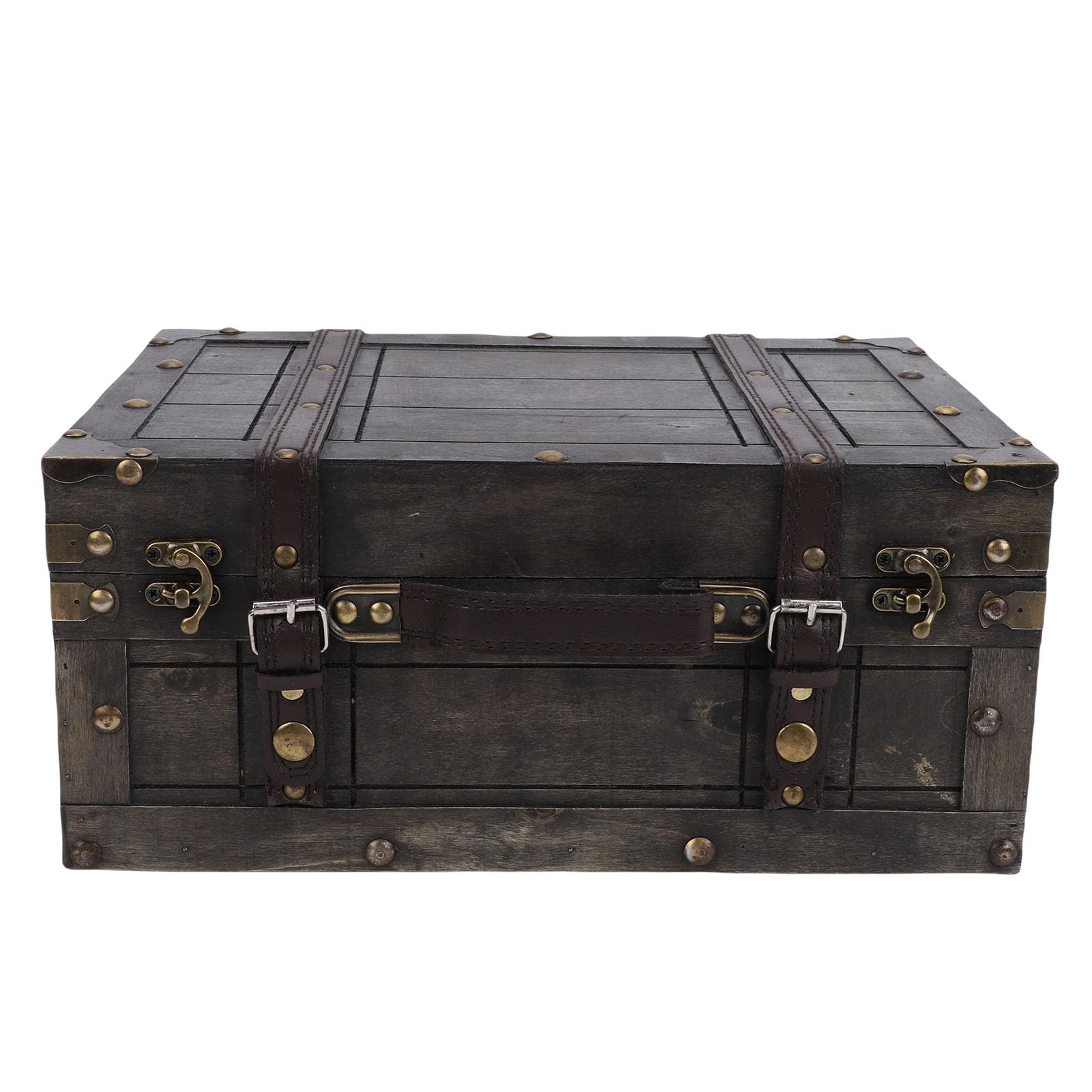 Vintage Wooden Storage Trunk with Hinged Lid & Leather Handle