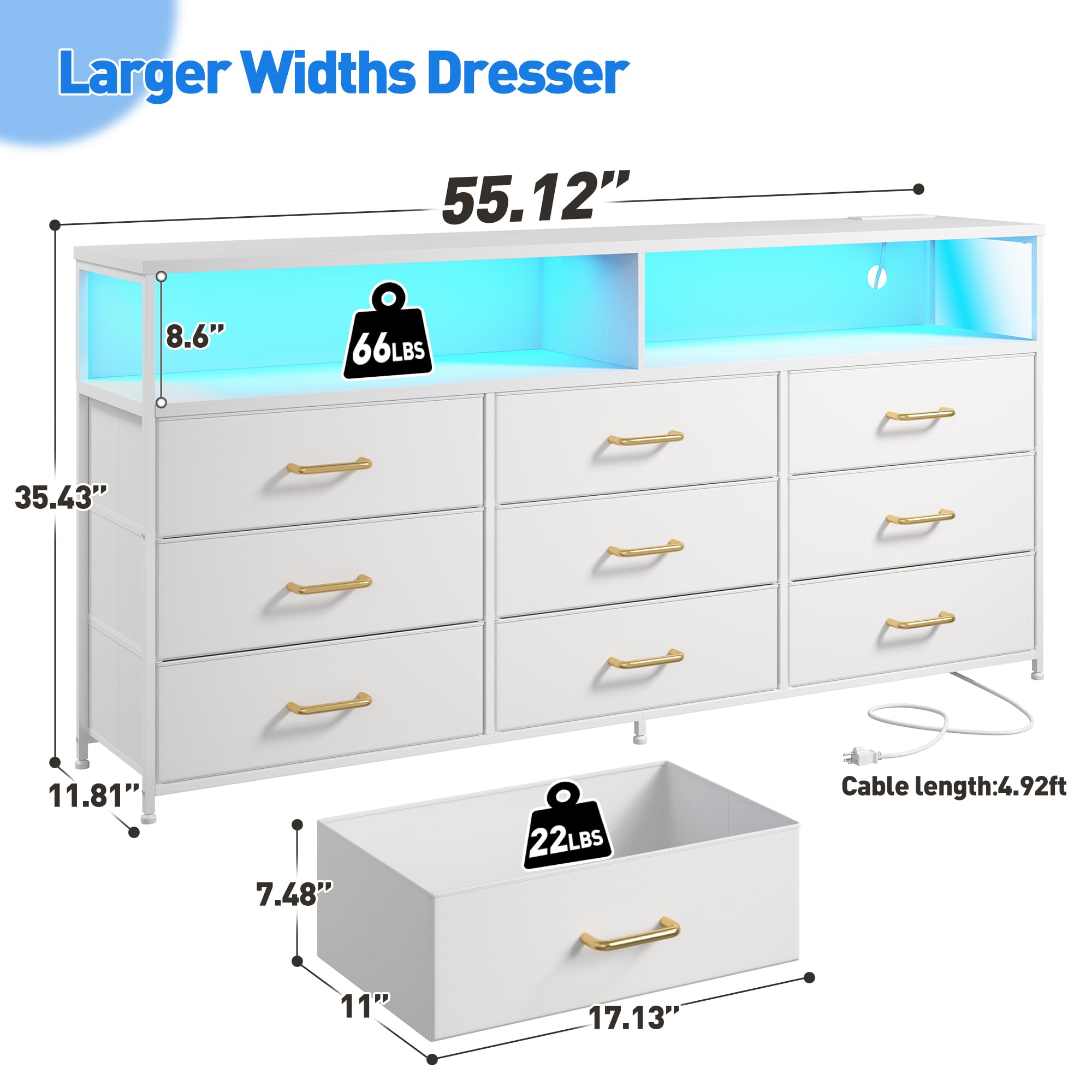 EnHomee 55" W White Dresser for Bedroom with Charging Station & LED Light, 65 Inch TV Stand with 9 Fabric Drawers, Sturdy Dressers & Chest of Drawers with 2 Wood Open Shelves,55.12" Wx11.81 Dx35.43 H