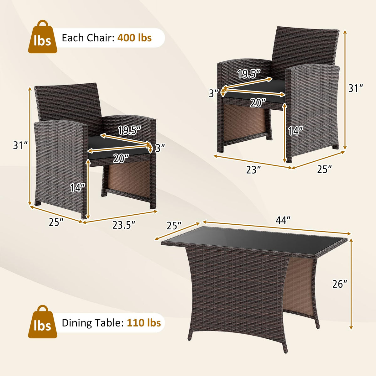 HAPPYGRILL 3 Pieces Patio Wicker Dining Set, Balcony Furniture Set w/Tempered Glass Dining Table, 2 Chairs, Comfy Cushions, Space-Saving Dining Set for Small Spaces, Perfect for Garden, Backyard