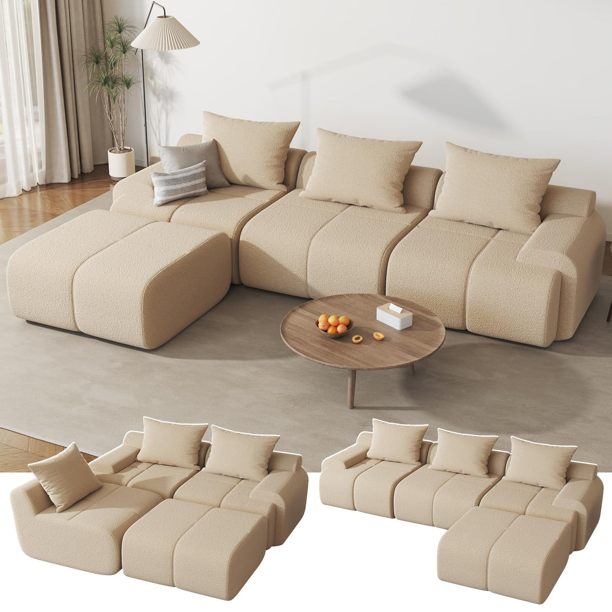Furnify 114" Cloud-Loaf Modular Sectional Sofa with Ottoman, Modern Cloud Couch for Living Room, 67" Deep Seat L-Shaped Sofa Set, Boneless Comfy Memory Foam Couches, No Assembly, Beige