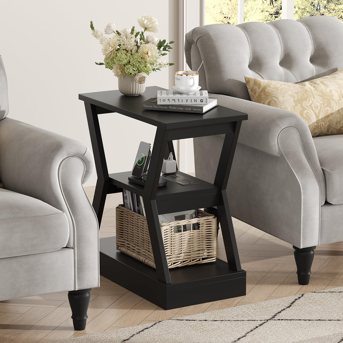 23.6" End Table with Charging Station Set of 2, 3-Tier Nightstand with USB Ports and AC Outlets, Small Space Side Tables for Living Room, Bedroom, or Couch, 3 Tier End Tables with Storage Shelf, Black