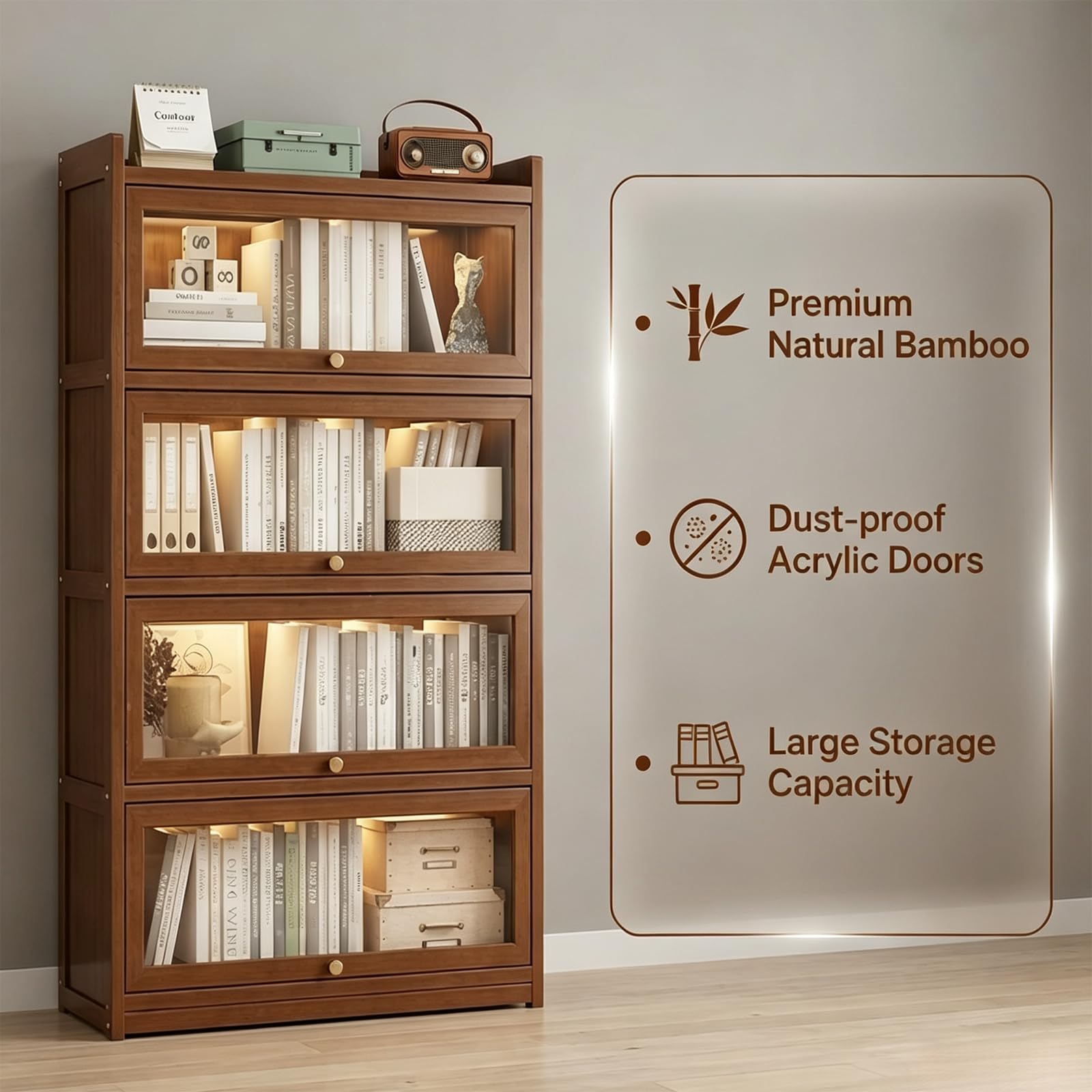 55" Bamboo Bookcases,Book Shelfs with Acrylic Doors,Freestanding Display Storage Shelves for Collectibles,4 Tier Tall Bookshelfs & Bookcases for Living Room Bedroom Home Office