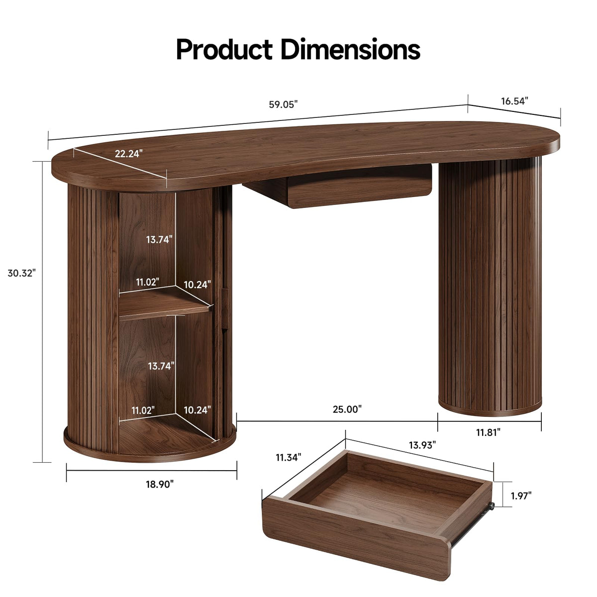 ONBRILL 59 Inches Home Office Desk with Storage, Fluted Corner Desk, Walnut