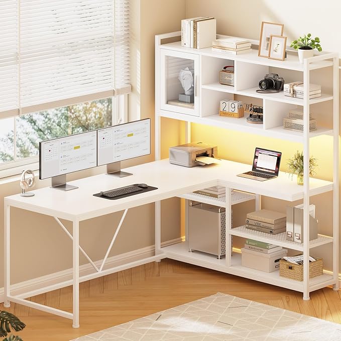 L-Shaped Desk with LED Light & Bookshelf