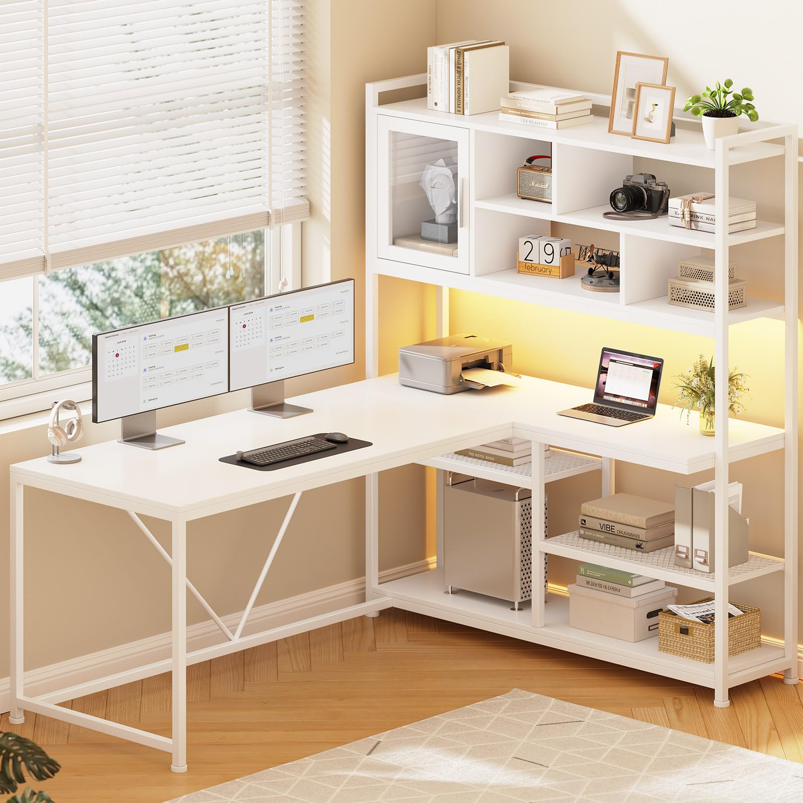 L-Shaped Desk with Bookshelf & LED Light Strips, 58"