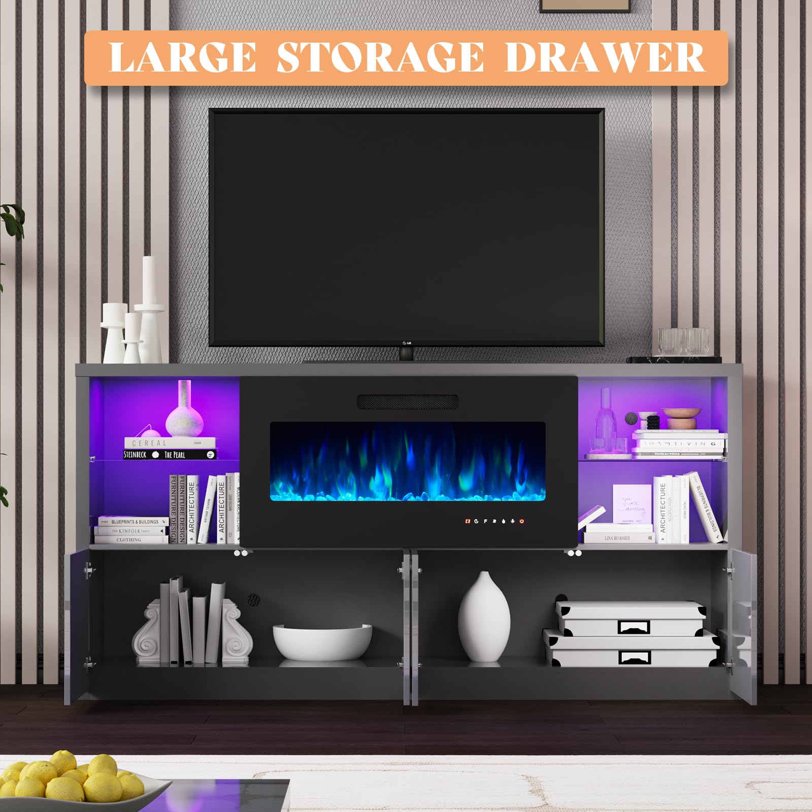 68" Fireplace TV Stand with LED Lights