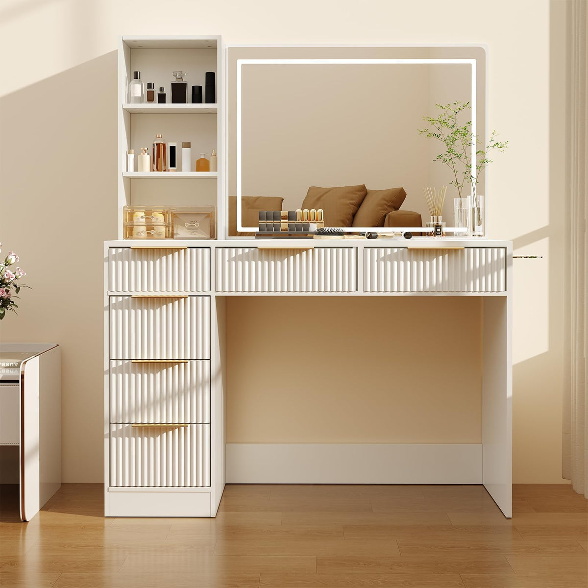 Patikuin 52" Fluted Makeup Vanity Desk with Mirror & Adjustable Lighting, Dressing Table with 6 Drawers, Glass Top, Shelves & Hairdryer Stand for Bedroom, Modern Vanity with Charging Station, White