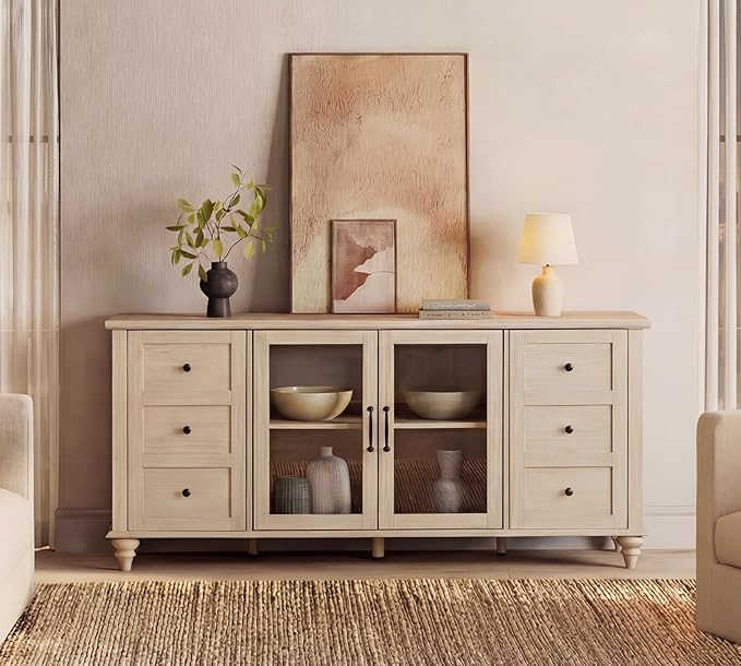 58" Farmhouse TV Stand with Glass Doors & Adjustable Shelf
