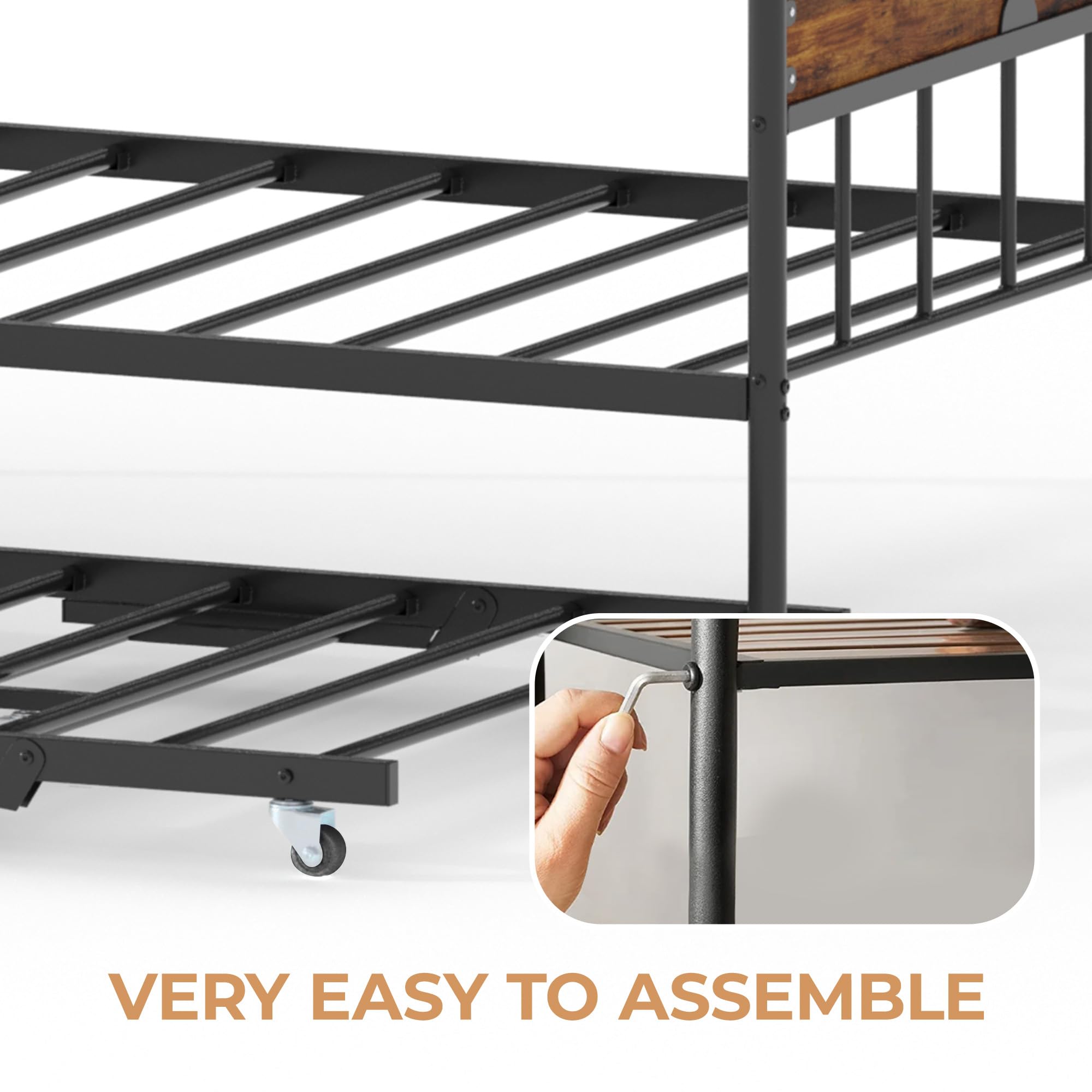 Garvee Twin Daybed with Trundle, Twin Bed Frame with with Stylish Headboard, Heavy Duty Steel Slats Platform for Living Room, Bedroom, Brown