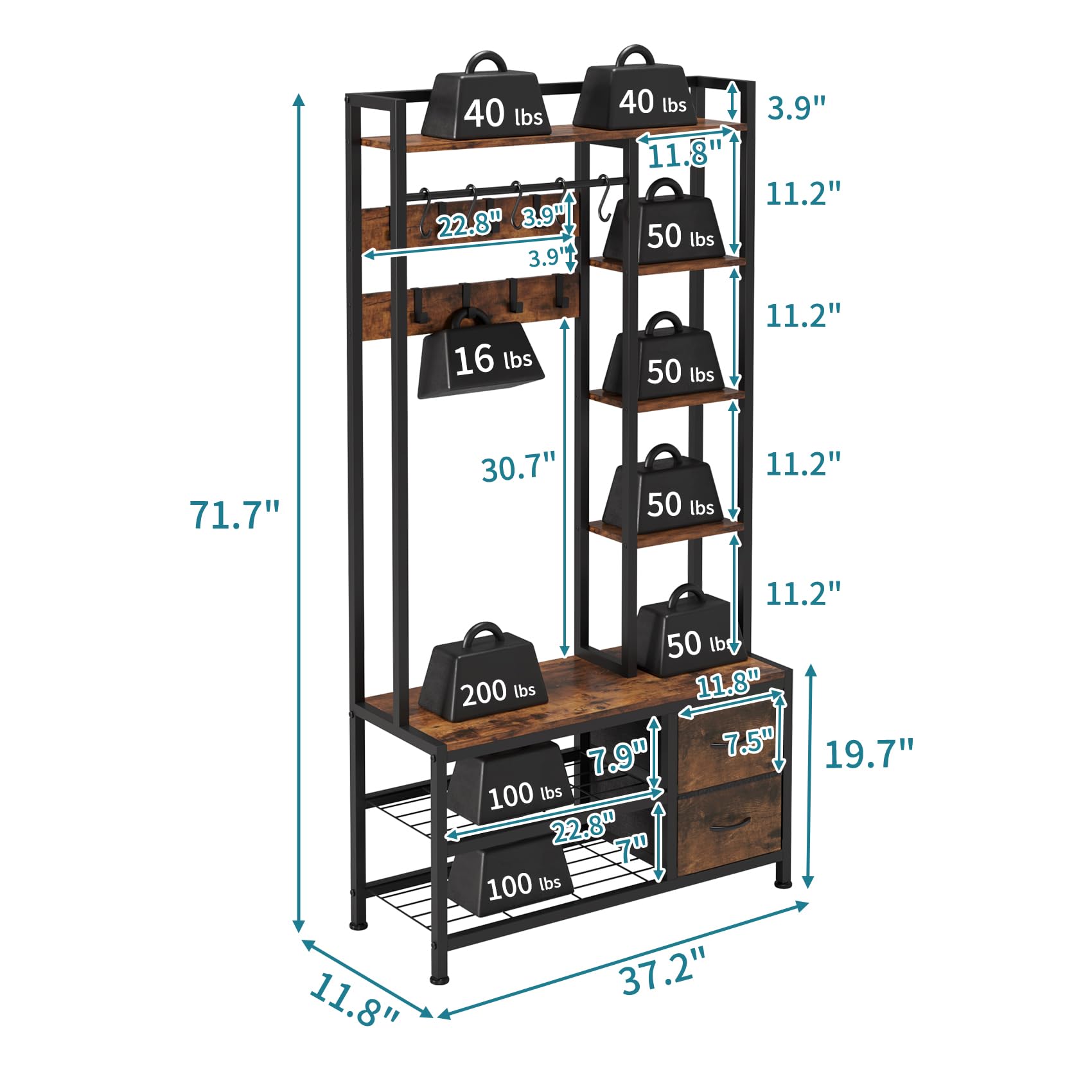 6-in-1 Hall Tree with Bench, Drawers & Shelves