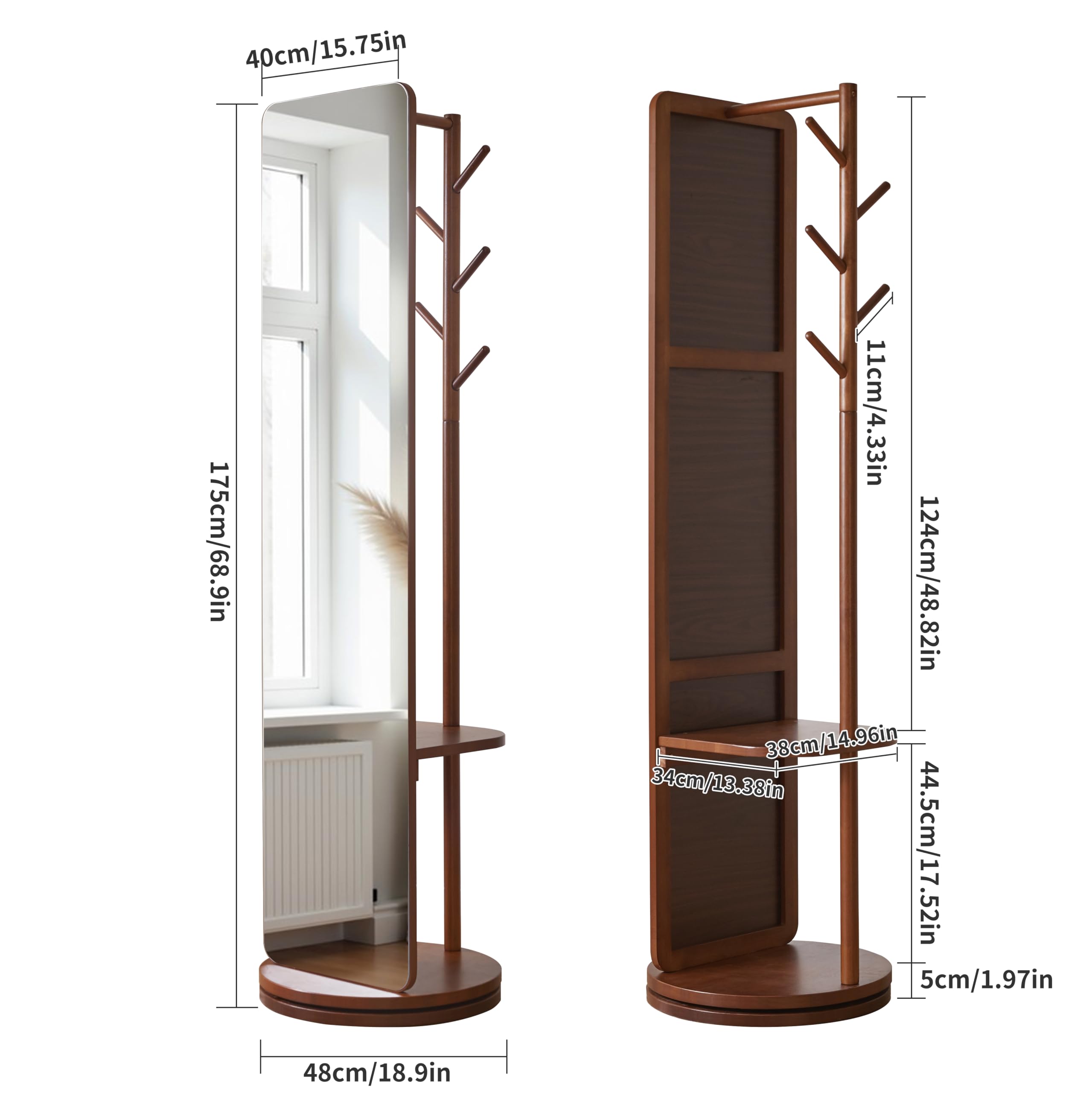 Purfeel Home Solid Wood Floor Mirror 69"x19"Full Length Mirror with Standing,360°Rotating Coat Rack with Mirror for Bedroom, Living Room, Cloakroom