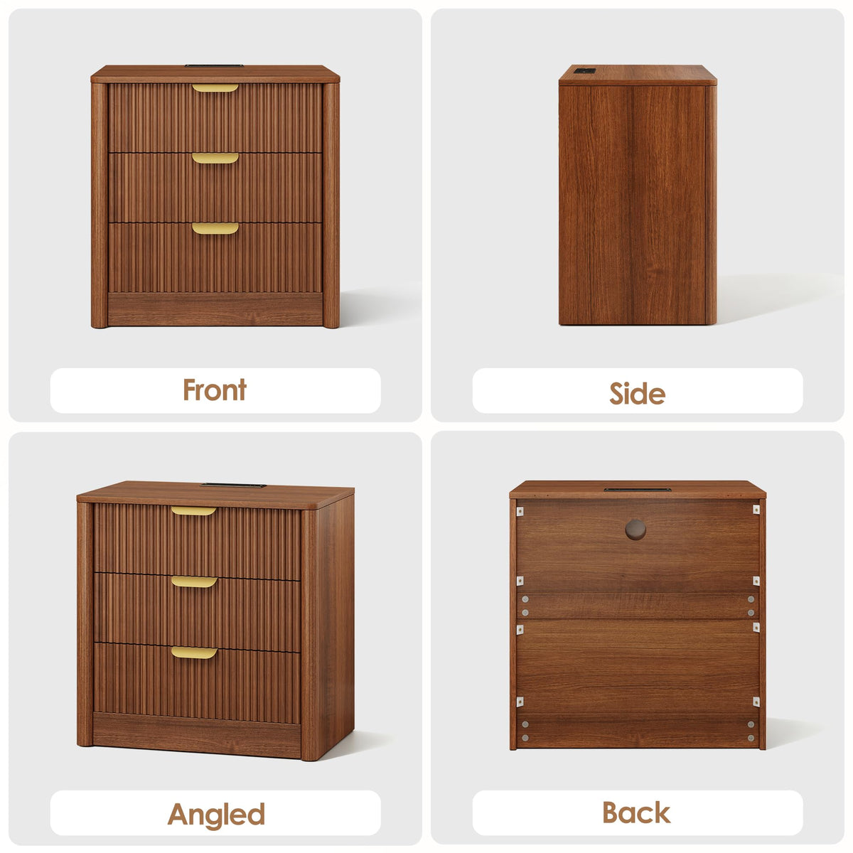 PLRSOZIM 23.6" Walnut Fluted Nightstand with Charging Station and 3 Drawers
