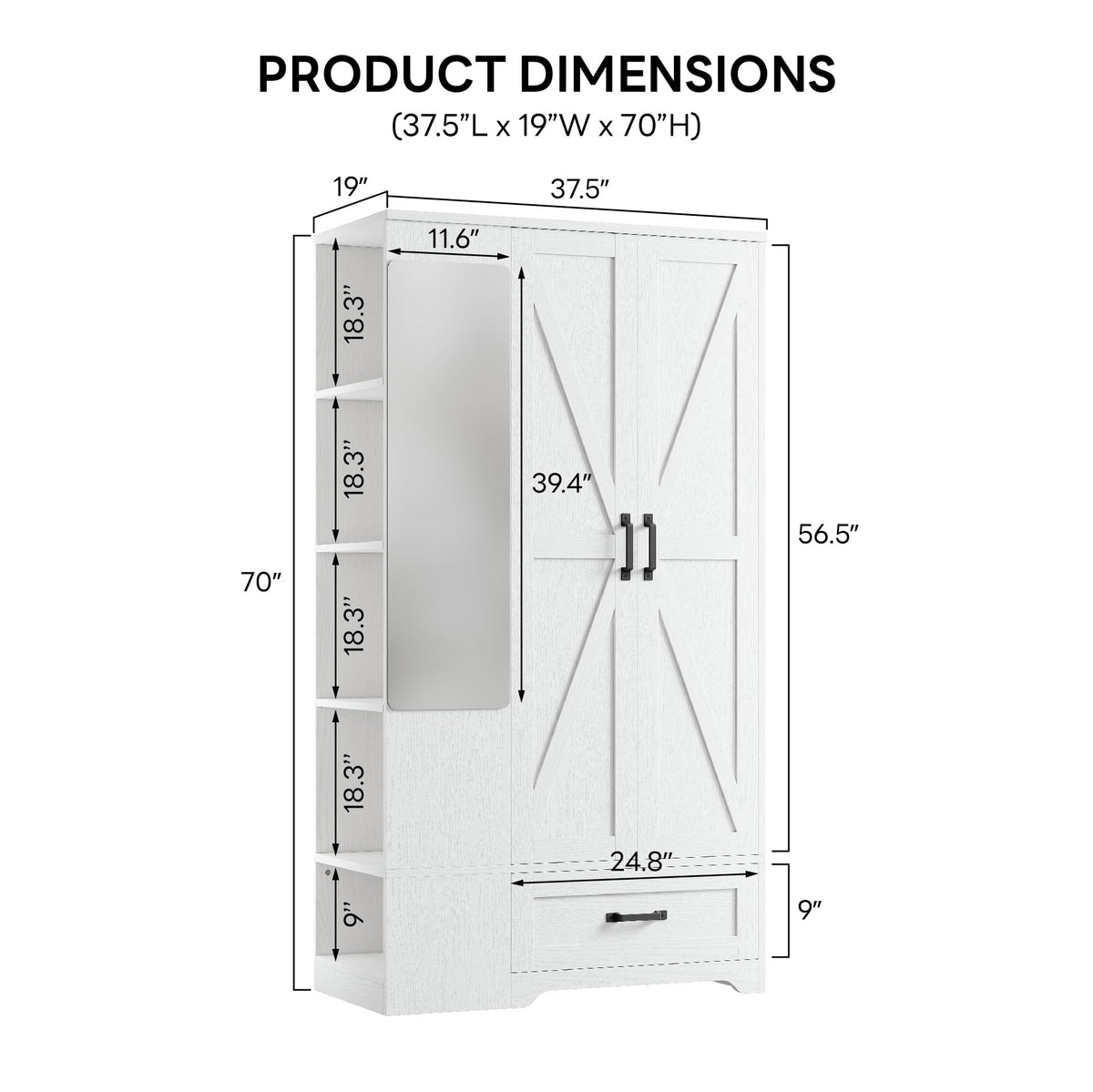 White Mirrored Wardrobe with Shelves