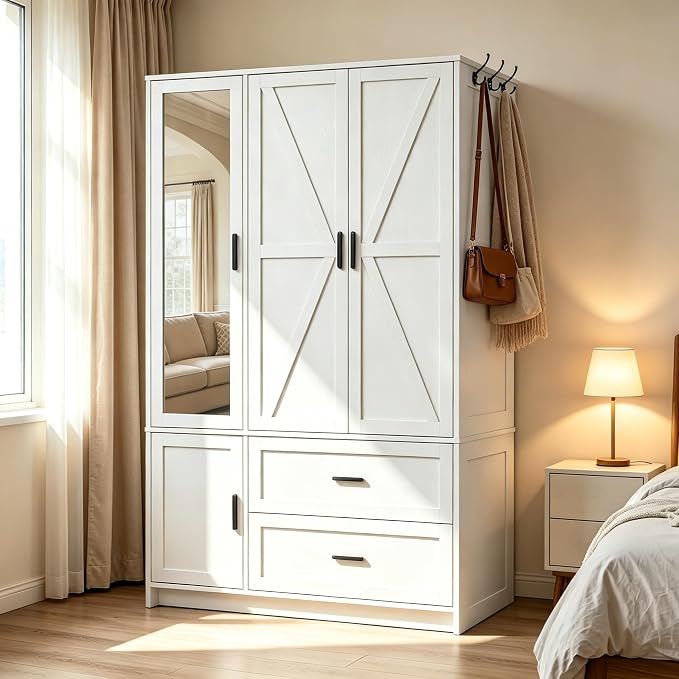 White Farmhouse Wardrobe with Mirror