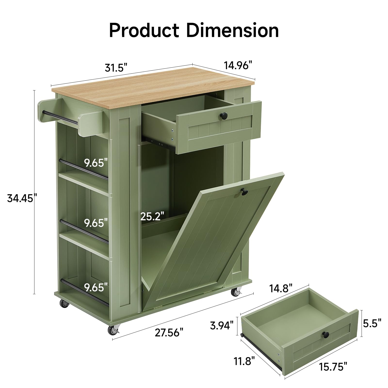 Rolling Kitchen Island with Trash Cabinet & Power Outlet