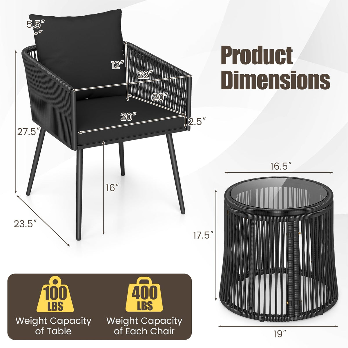 Tangkula 3 Pieces Patio Rattan Bistro Conversation Set, Outdoor All-Weather Wicker Furniture Chairs & Round Side Table Set with Tempered Glass Tabletop, Ideal for Porch, Balcony & Backyard (Black)