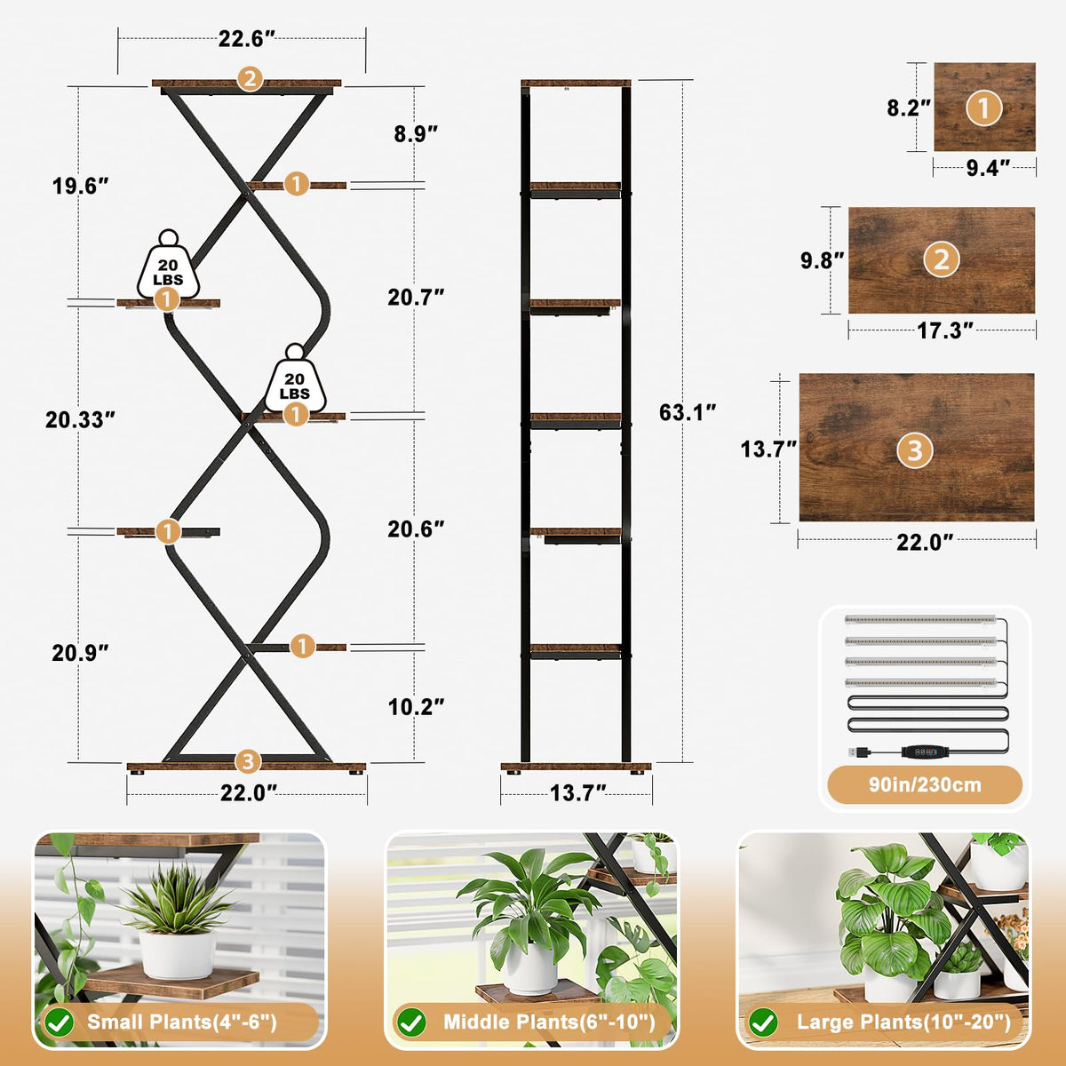 BACEKOLL Plant Stand Indoor with Grow Lights - 62" Tall Corner Plant Shelf