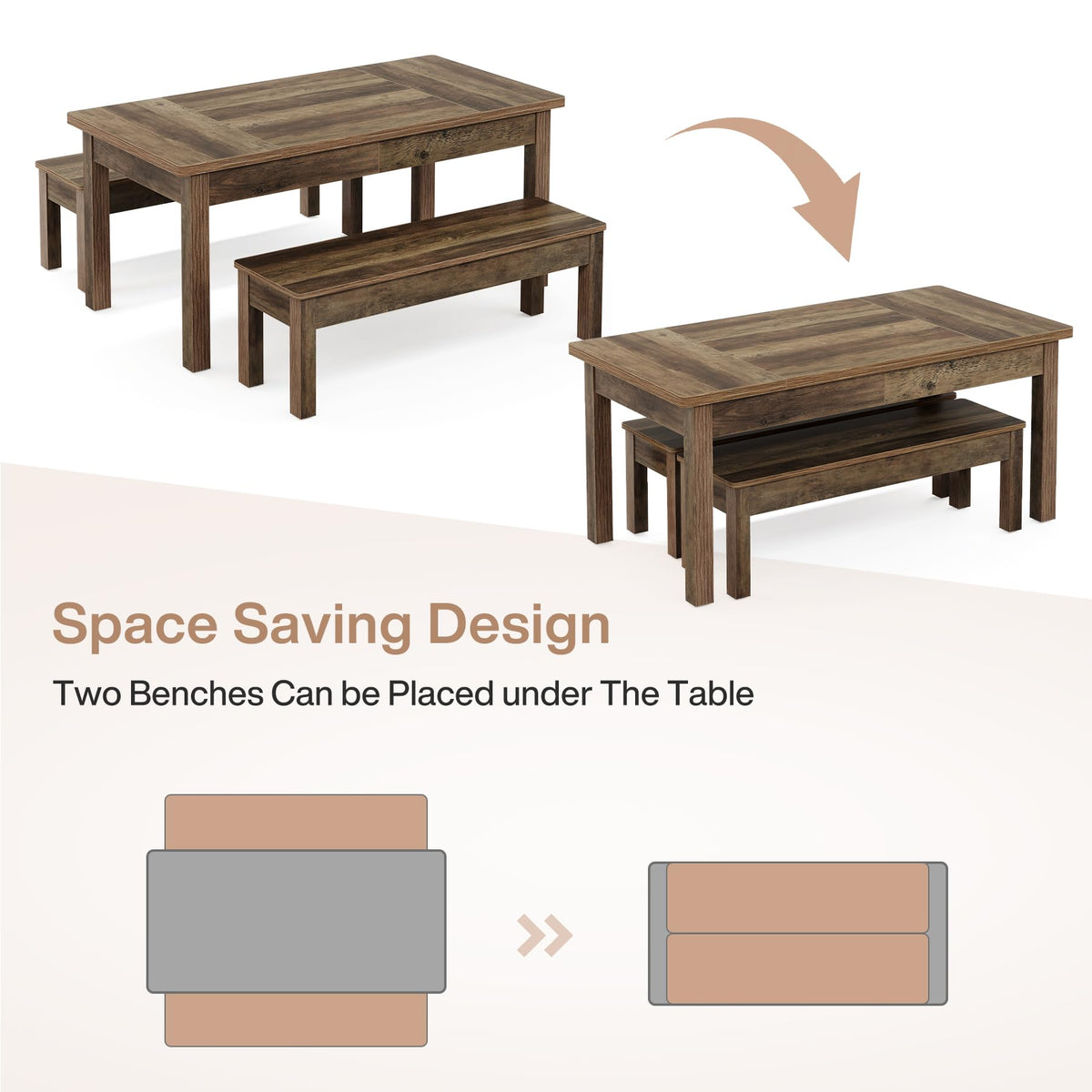 Tribesigns 55" Farmhouse Kitchen Table with 2 Dining Benches, Space Saving Dining Table Set for 4-6, 3 Pieces Wooden Dinette Set for Small Space, Restaurant, Breakfast Nook
