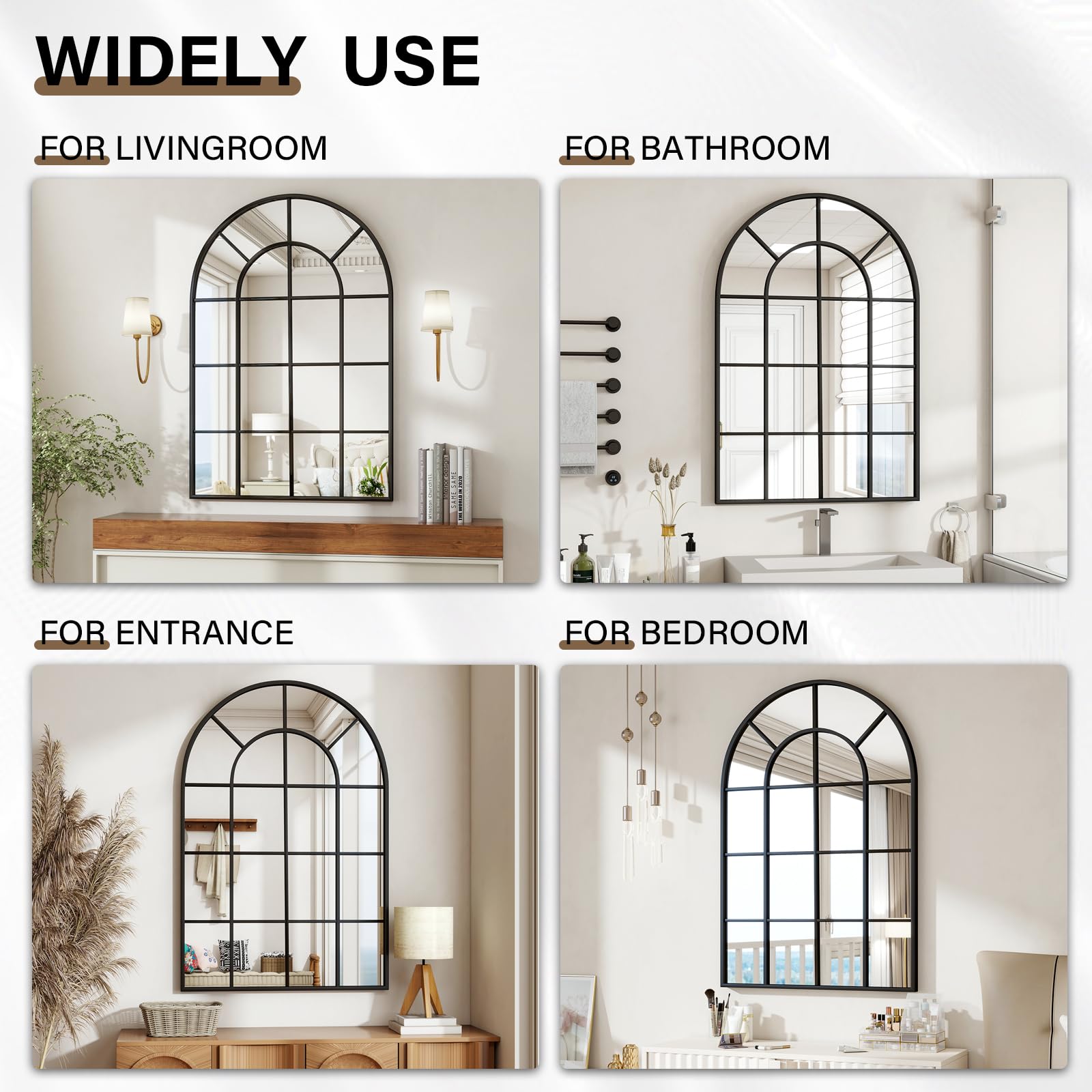 Arched Grid Wall Mirror with Metal Frame
