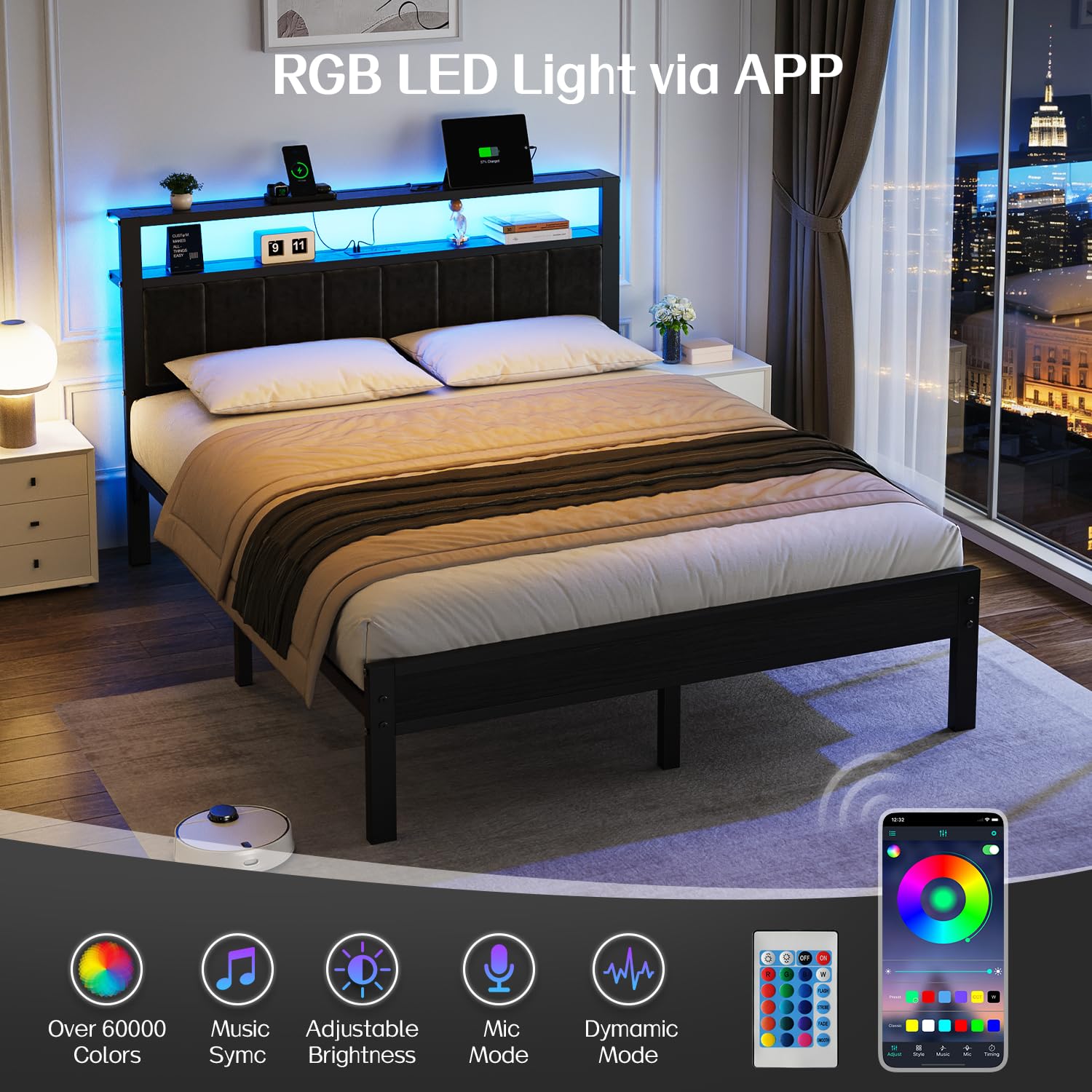 Platform Bed Frame with LED Lights & Charging Station