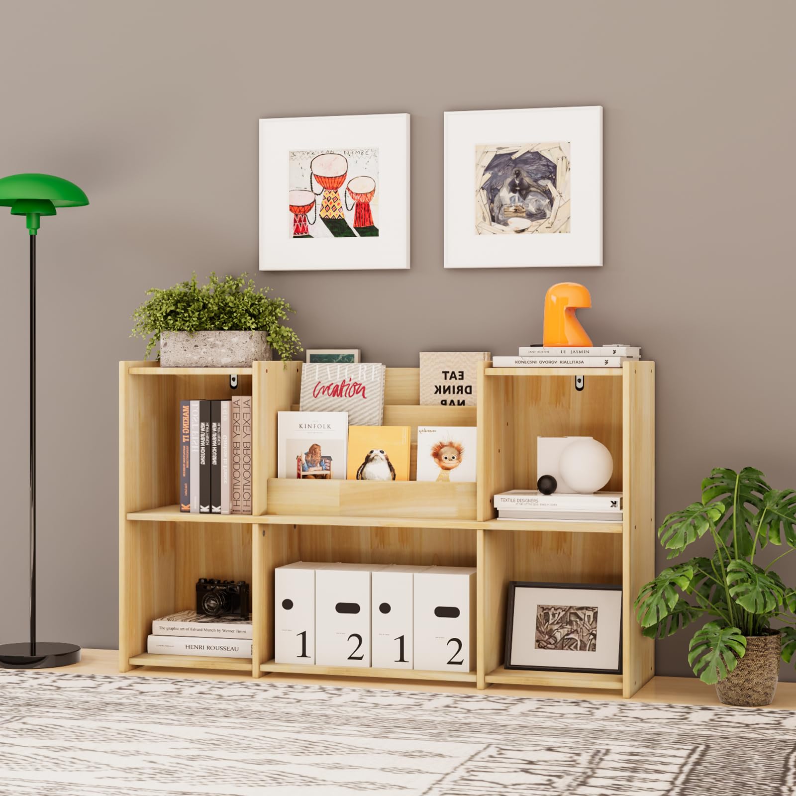 Chyanmoo Wooden Bookshelf, 2 Tier Low Profile Horizontal Bookcase with Storage Organizer, FSC Certified Wood, Space Saving Display Shelf for Living Room, Bedroom, Home Office