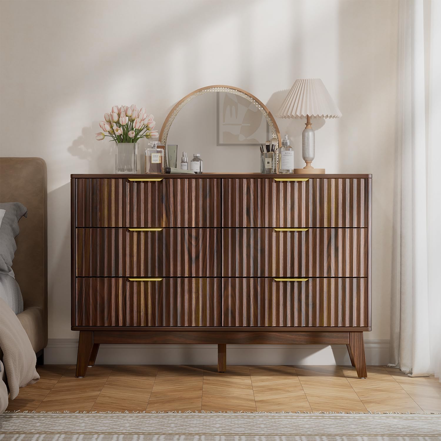Modern 6 Drawer Dresser, Walnut, Fluted Wave Design, Rounded Corners, Mid Century Dresser TV Stand, 48" Wide Chest of Drawers for Bedroom and Living Room