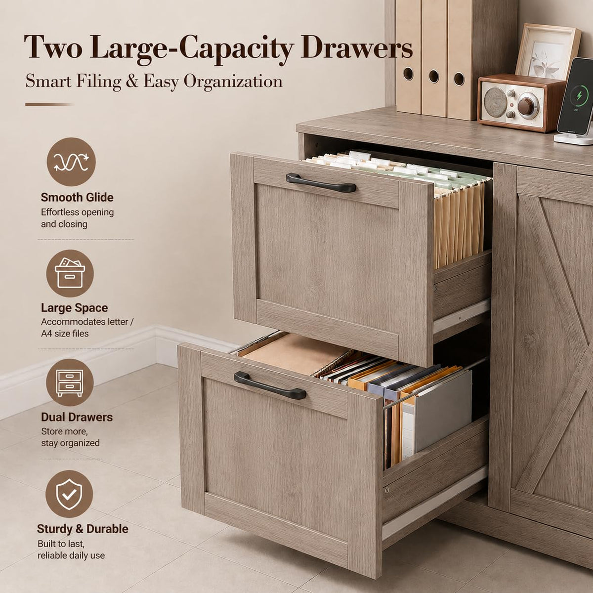 Bookshelf with File Drawers & Power Outlets