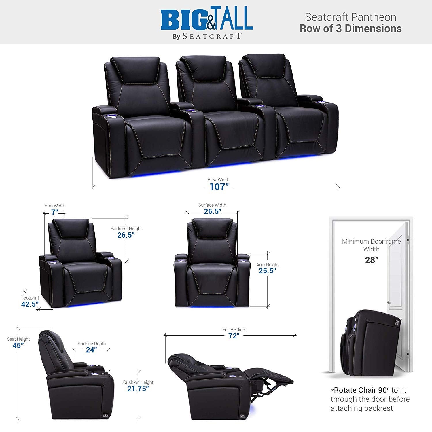 Seatcraft Pantheon - Big & Tall - Home Theater Seating - Living Room - 400 lbs Capacity - Italian Leather - Power Recline - Powered Headrest and Lumbar - Cupholders - Arm Storage, Row of 3, Black