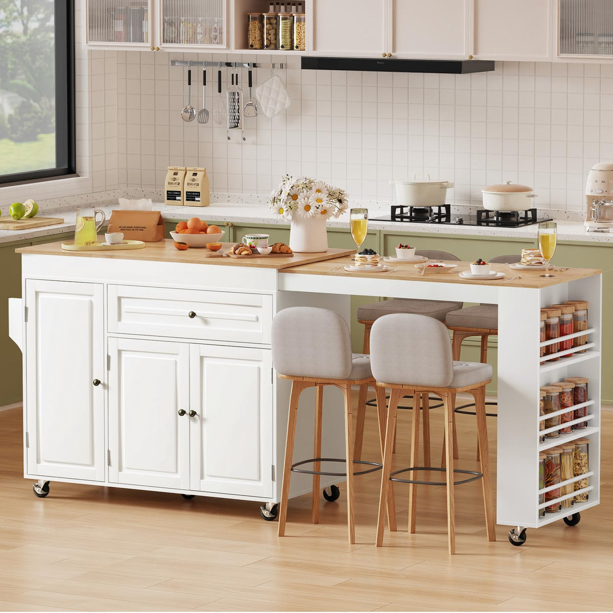 Rymeera Expandable Kitchen Island with Storage Drawer and Wheels, White