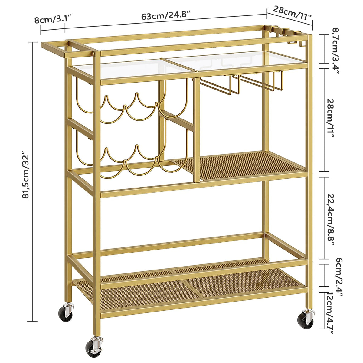 MAHANCRIS Bar Cart for Home, 3-Tier Serving Cart with Wheels and Handle, Beverage Cart with Wine Rack and Glass Holders, Rolling Wine Cart for Kitchen, Dining Room, Gold RCJ61B01