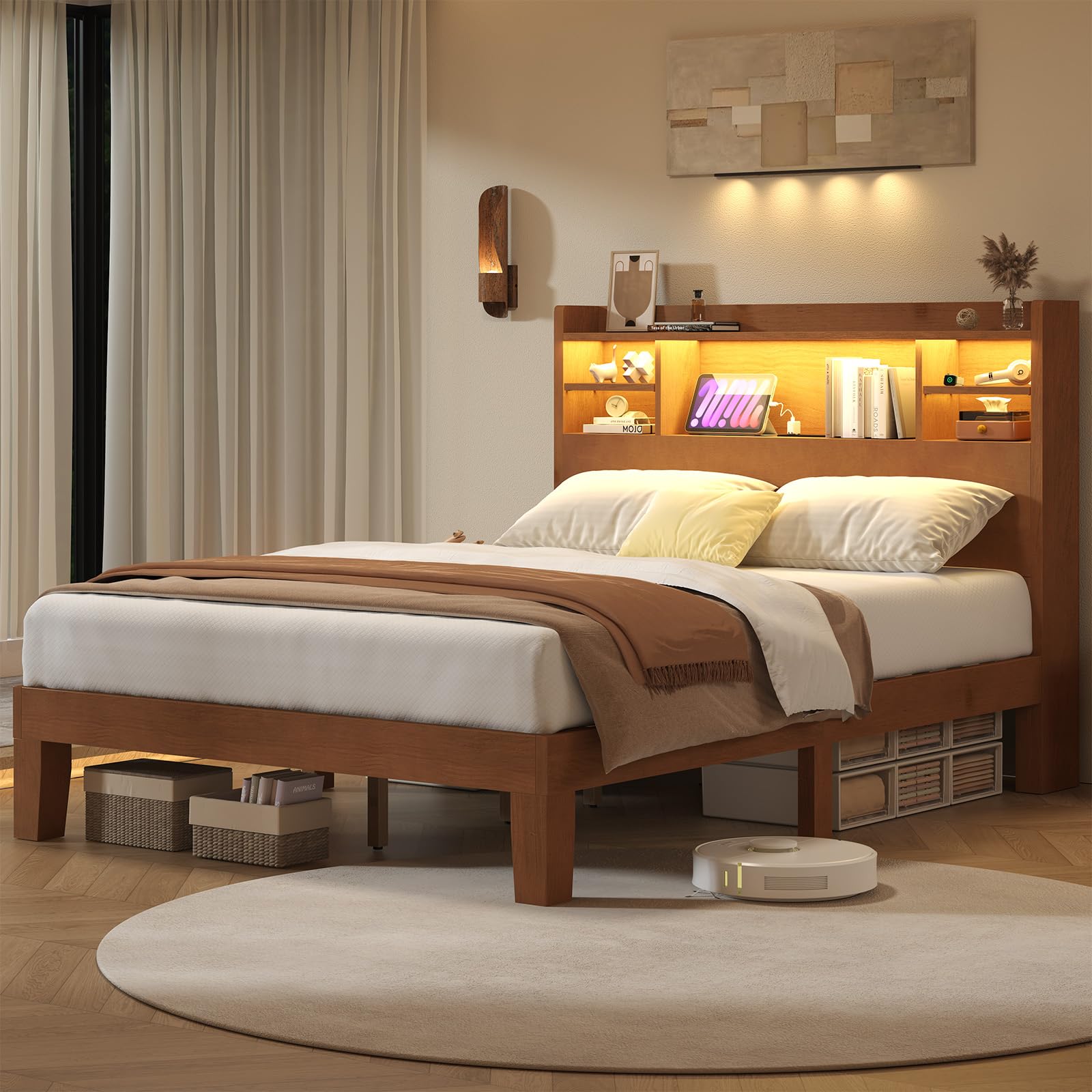 Solid Wood Bed Frame with RGB LED Headboard | Remote & App Control