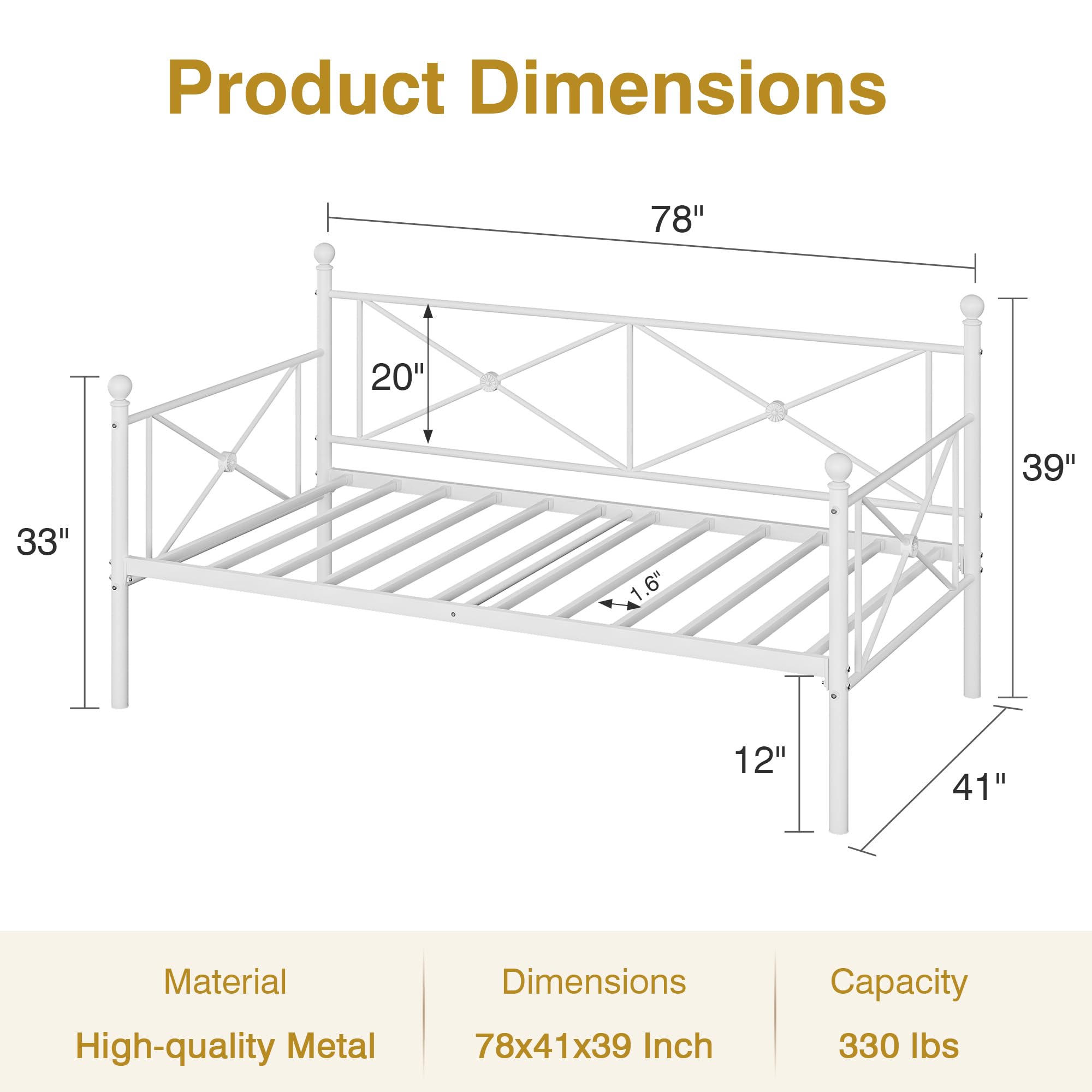 VECELO Daybed Twin Size, Day Bed Frame with Headboard, Heavy-Duty Metal Slats Support Platform for Living Room, Guest Room, Easy Assembly, White
