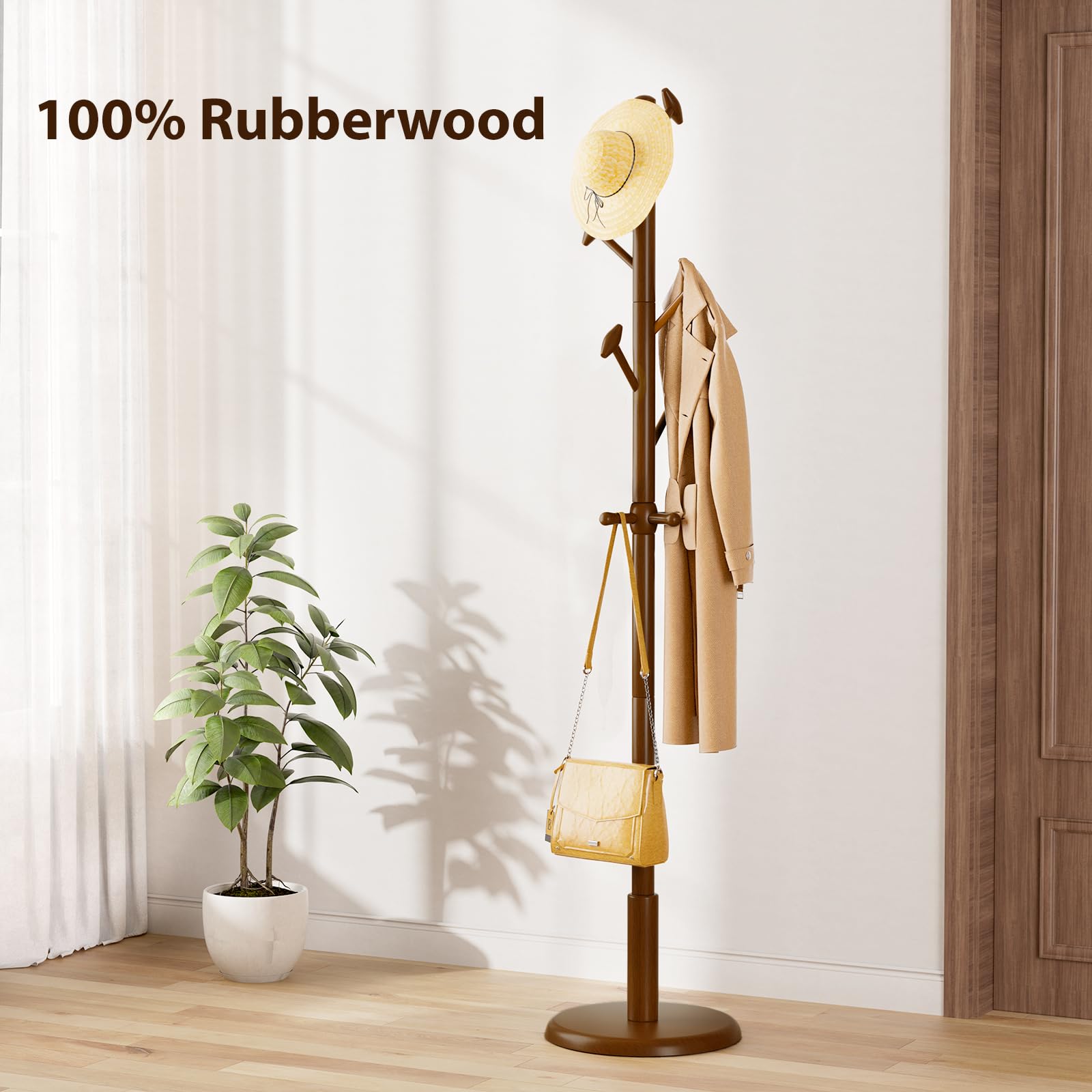 Freestanding Wood Coat Rack with 10 Hooks