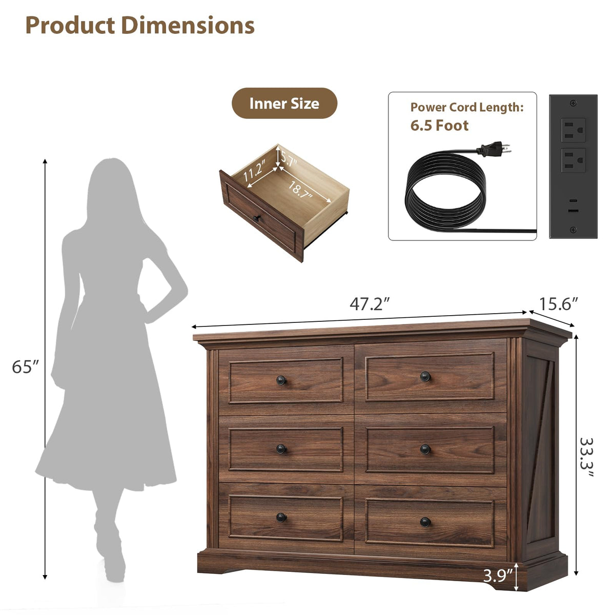 QUW Farmhouse 6 Drawer Dresser for Bedroom, 47" Wide Wood Chest of Drawers with Charging Station, Metal Handle, Modern Closet Clothes Storage Organizer for Living Room, Hallway, Entryway, Dark Walnut