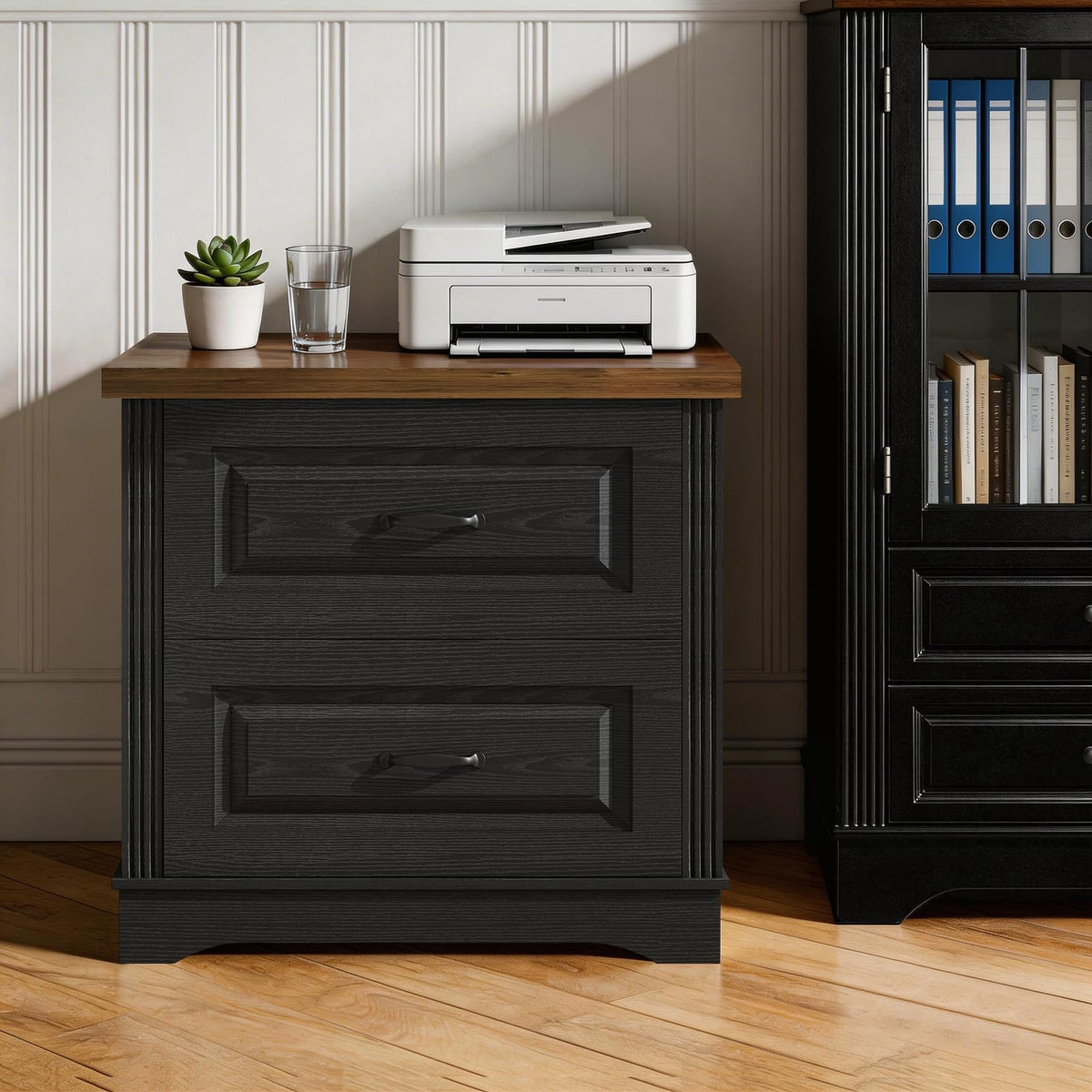 24" Wide Farmhouse Nightstand, Large End Table with 2 Drawers, Black