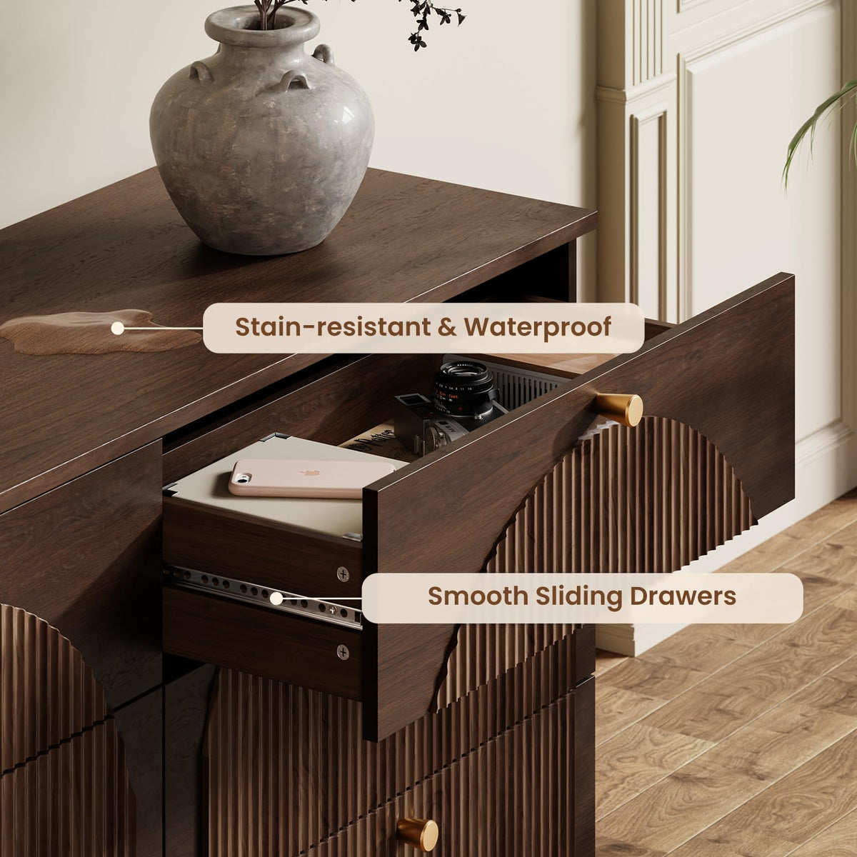 Herihome Arched Fluted Dresser for Bedroom with 6 Drawers 55" Wide Walnut