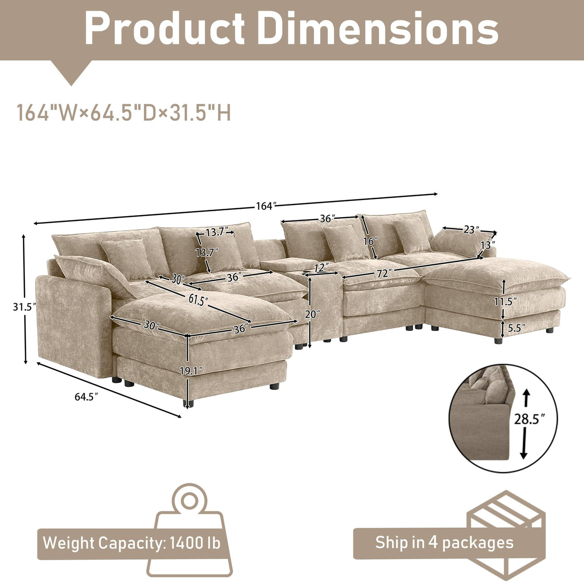 ONEMMLION 163" Oversized Cloud Sectional Couch for Living Room, Light Brown