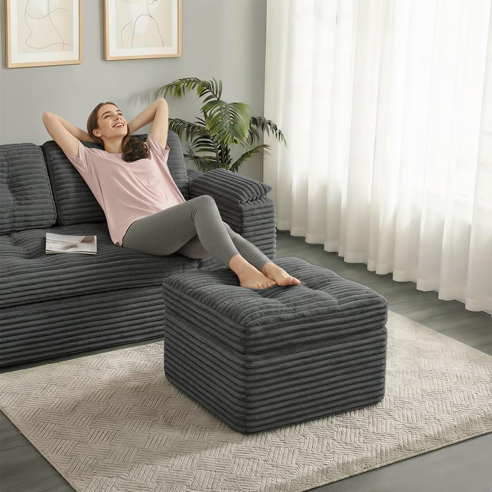 Fabulcozy 23.6in Pouf Ottoman, Corduroy Ottoman Foot Rest with Dual‑Layer Support, Large Poofy Pouf with Soft Chunk‑Foam Top & Firm Foam Base, Floor Foot Stool for Living Room, Dark Grey