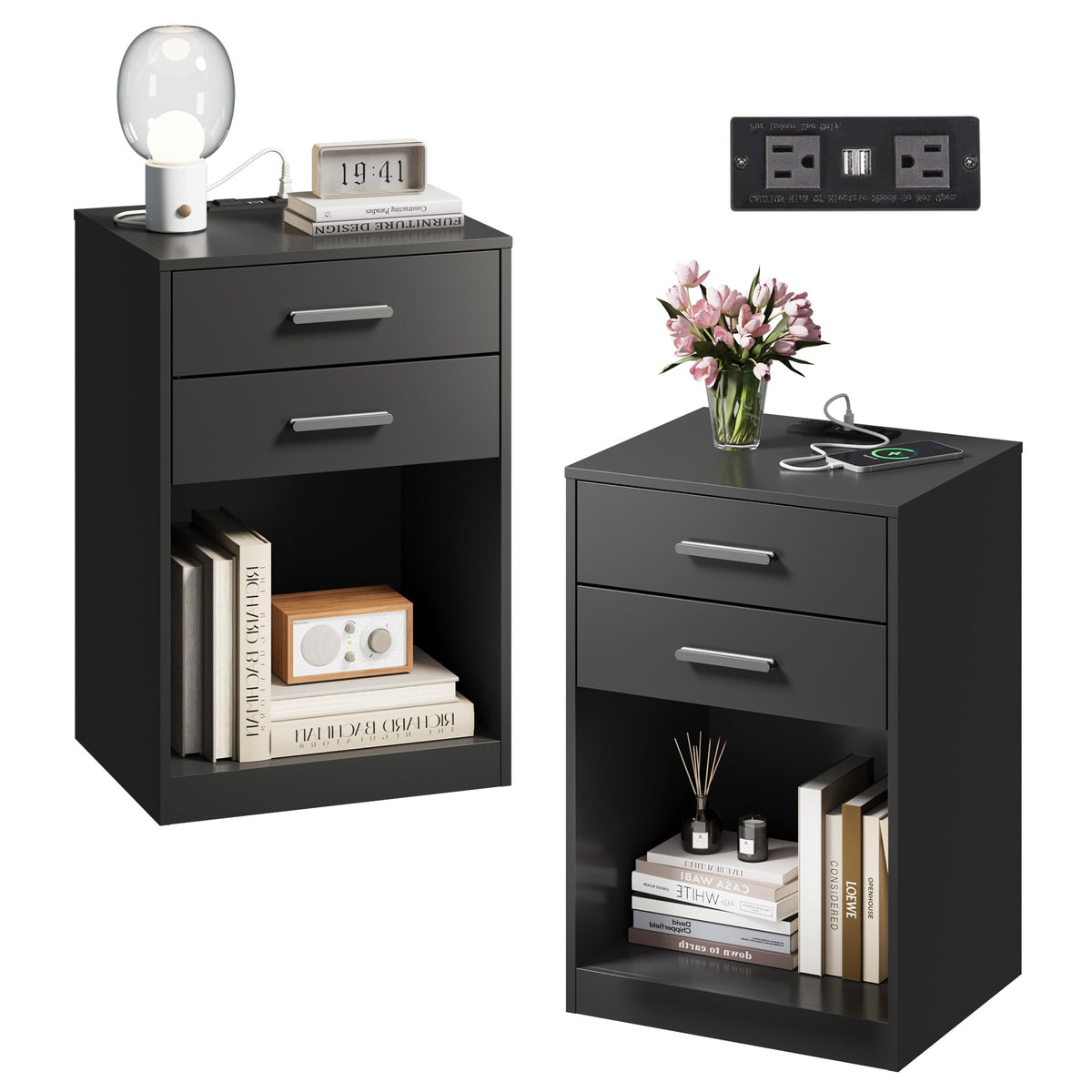 WLIVE Nightstands Set of 2 with Charging Station, Bedside Table with Drawer