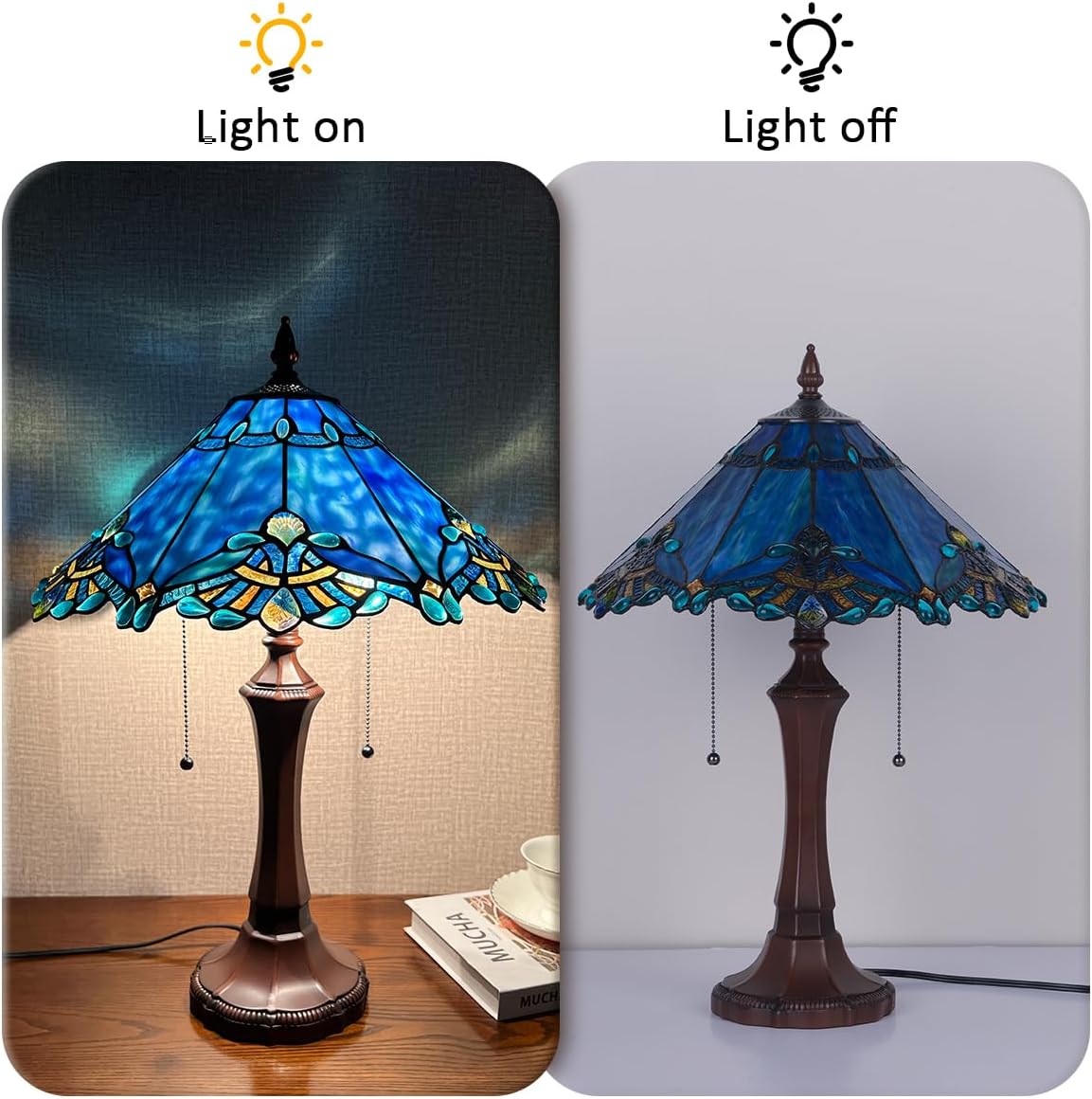 COTOSS Tiffany Table Lamp for Living Room,Blue Stained Glass Table Light,Antique Style 16 inch Large Desk Lamp 2 Light Beside Reading Lamp for Bedroom Office