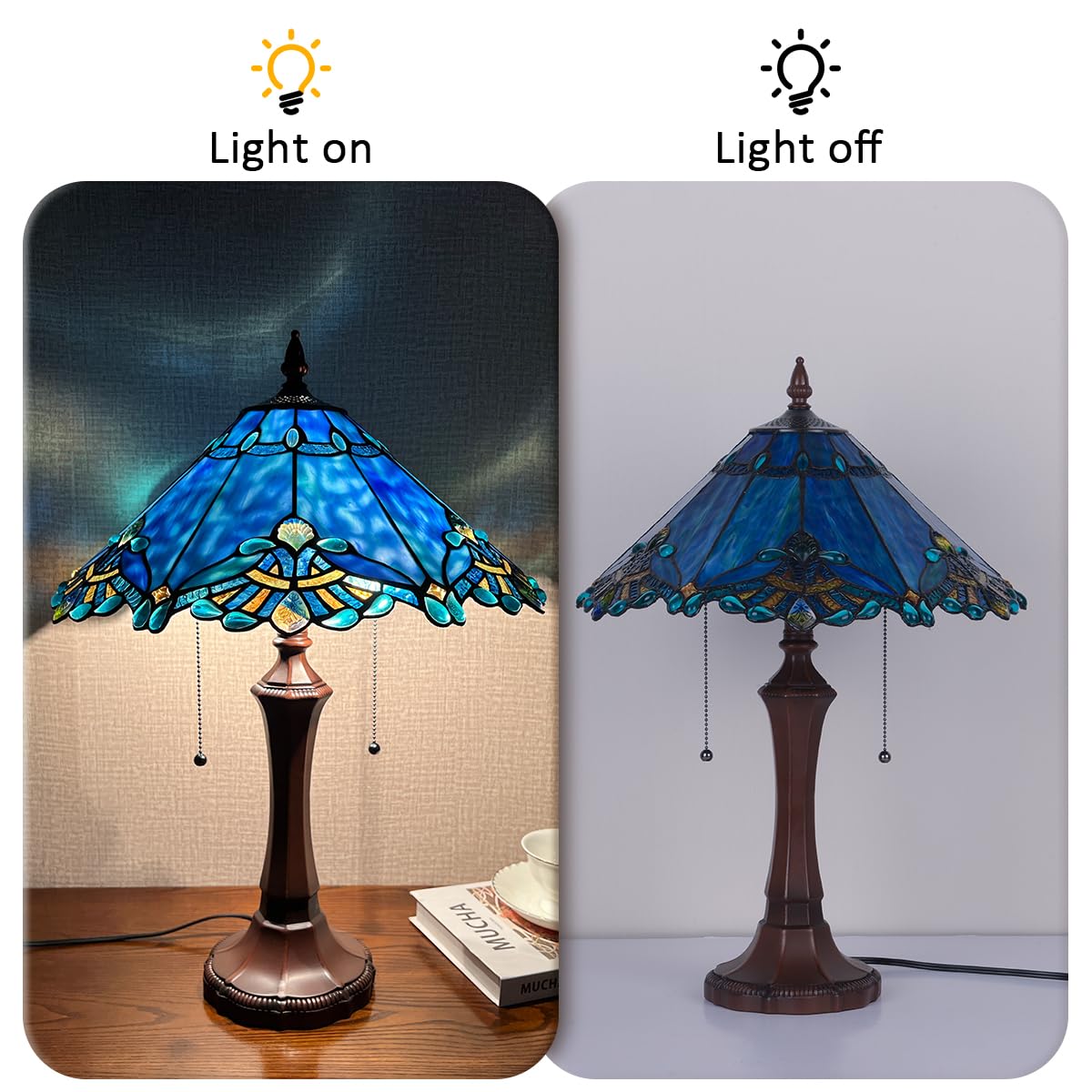 COTOSS Tiffany Table Lamp for Living Room,Blue Stained Glass Table Light,Antique Style 16 inch Large Desk Lamp 2 Light Beside Reading Lamp for Bedroom Office