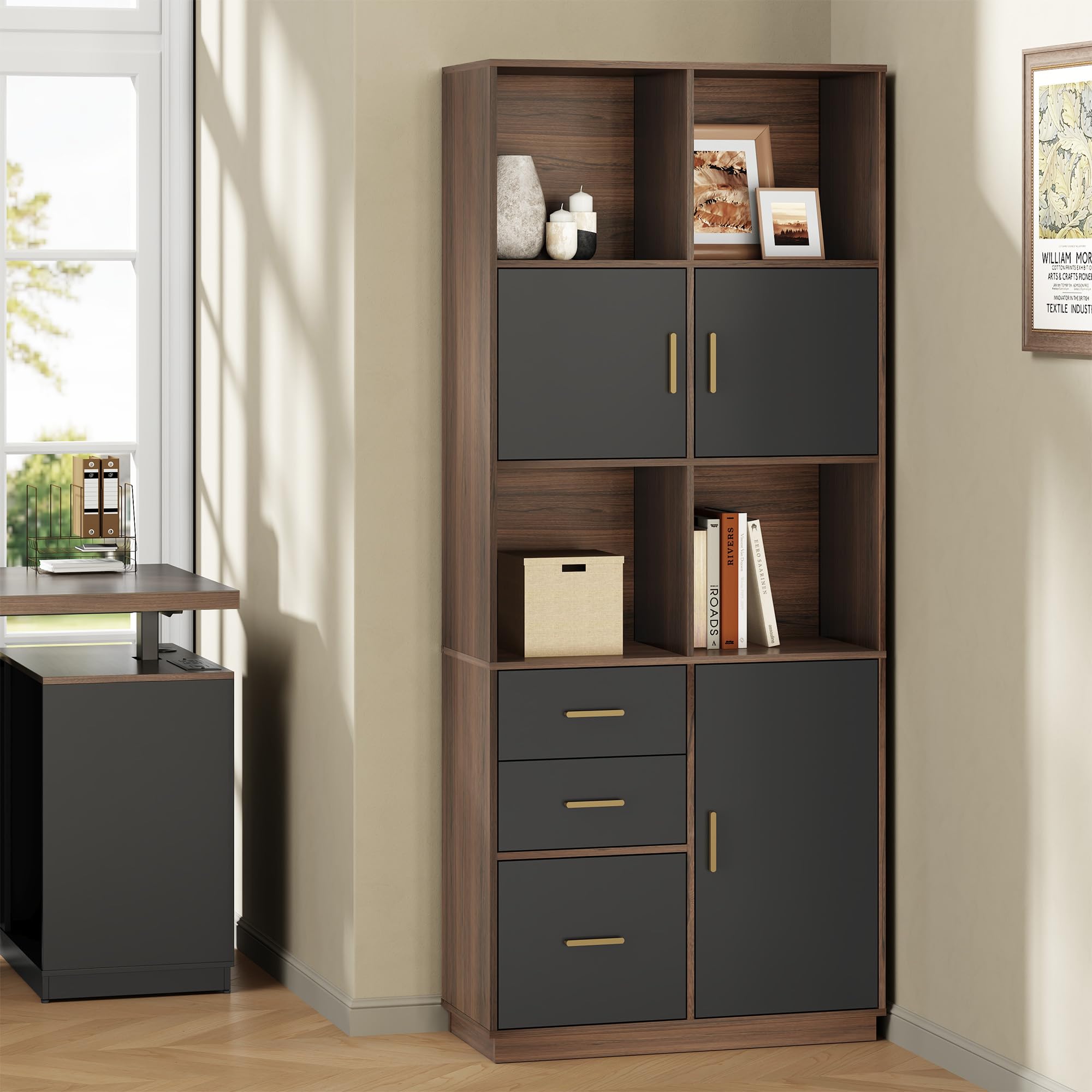 74.6" Tall Bookcase with 3 Drawers & Doors, Wood Bookshelf with Open Cubes & Adjustable Shelves, Fits A4 Hanging Files, Modern Free-Standing Bookcase for Home Office, Living Room, Study, Black Walnut