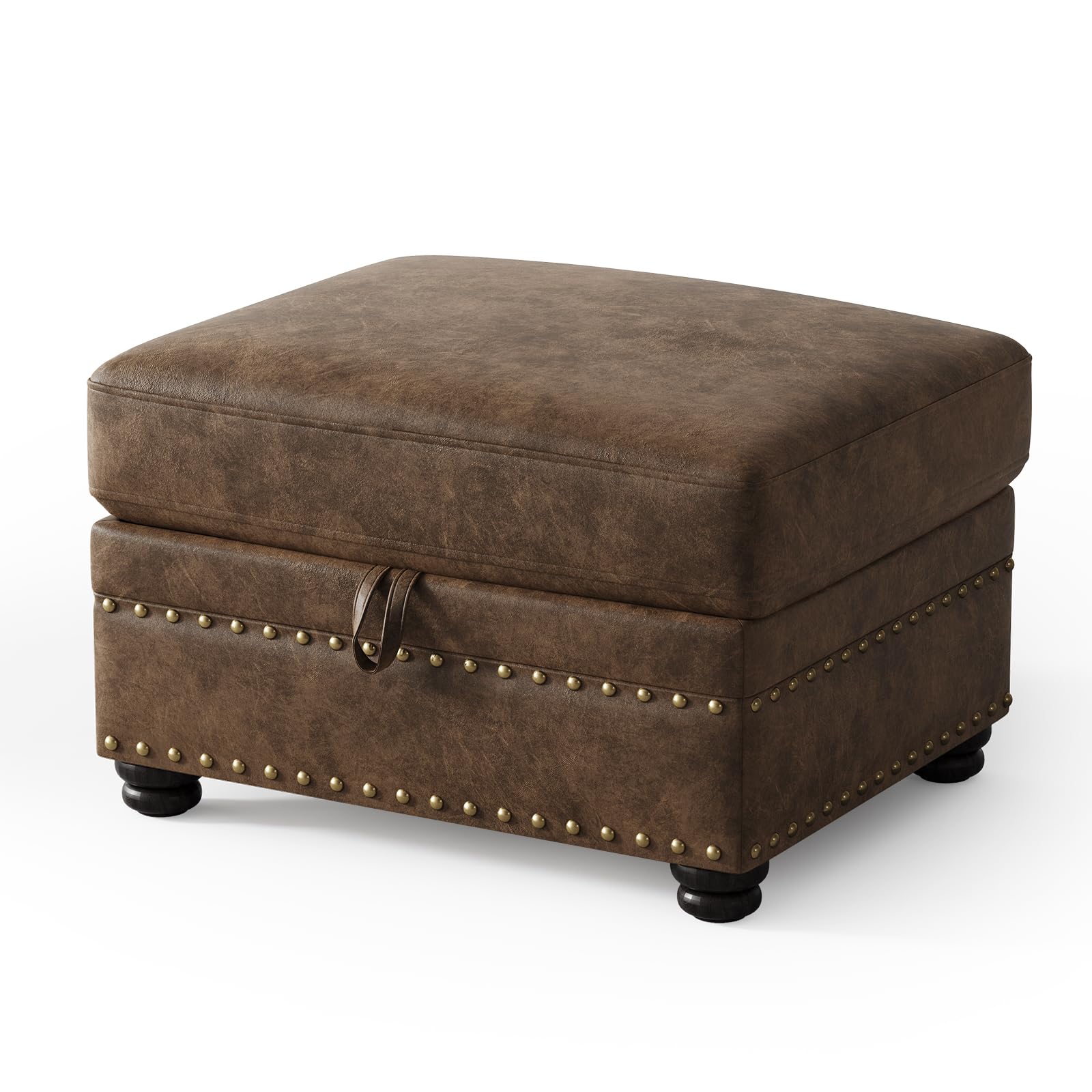 Faux Leather Storage Ottoman with Nailhead Trim