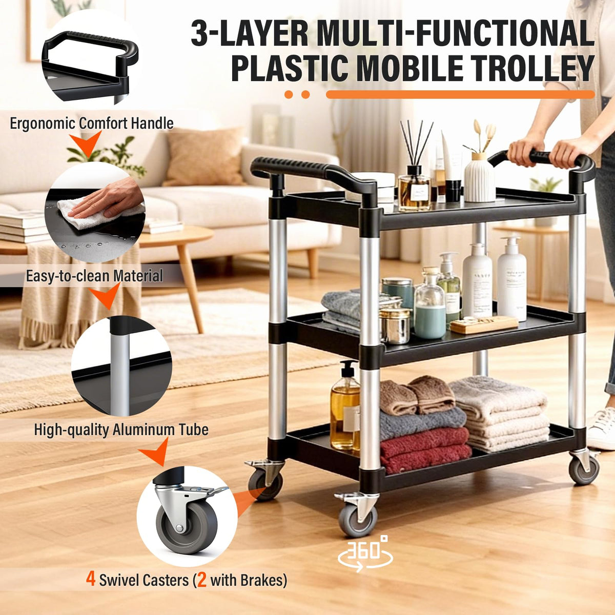 FNOONXY Plastic Commercial Cart Large Size, Restaurant Cart with Wheels Lockable, Heavy Duty Utility Service Cart for Foodservice, Commercial,Office, Warehouse, Black, Load Capacity 510 lbs (231 kg)
