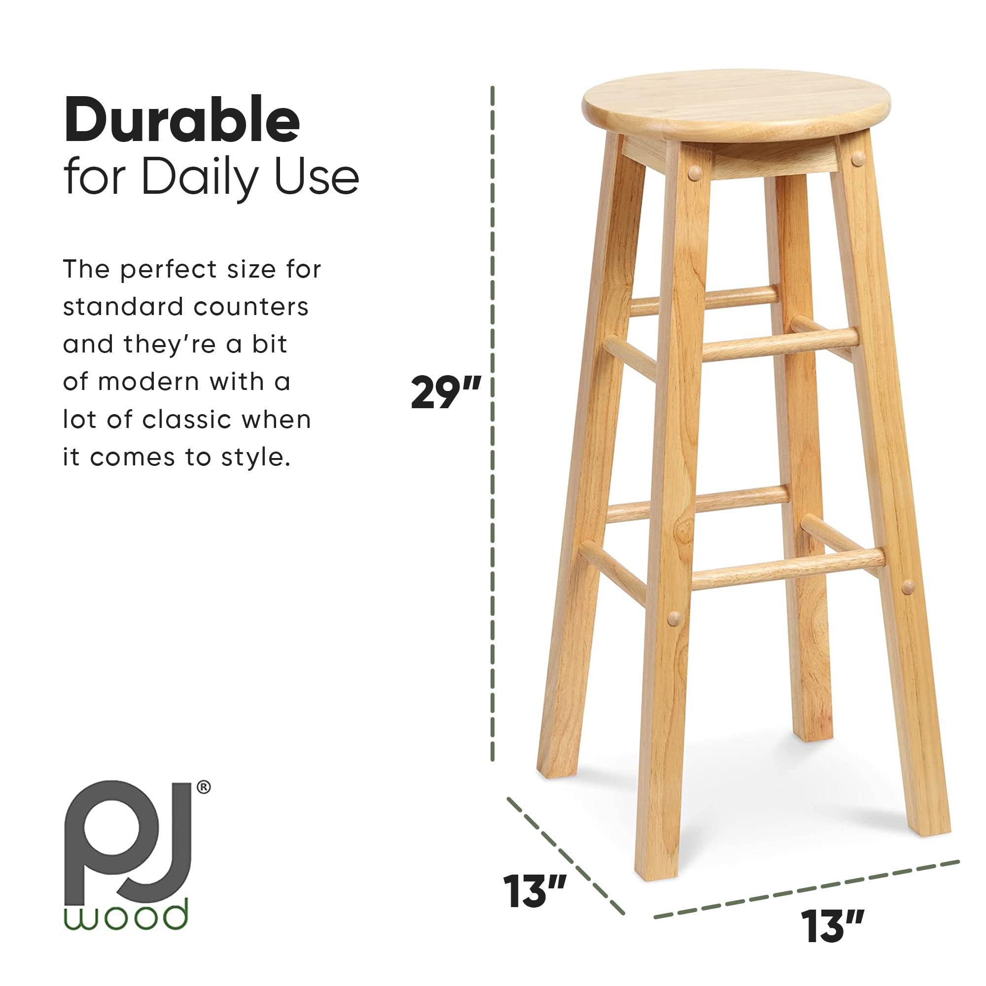 PJ Wood 29 Inch Tall Classic Round Seat Kitchen Counter Bar Stools 2 Pack with 4 Square Legs for Homes, Dining Spaces, and Bars, Natural