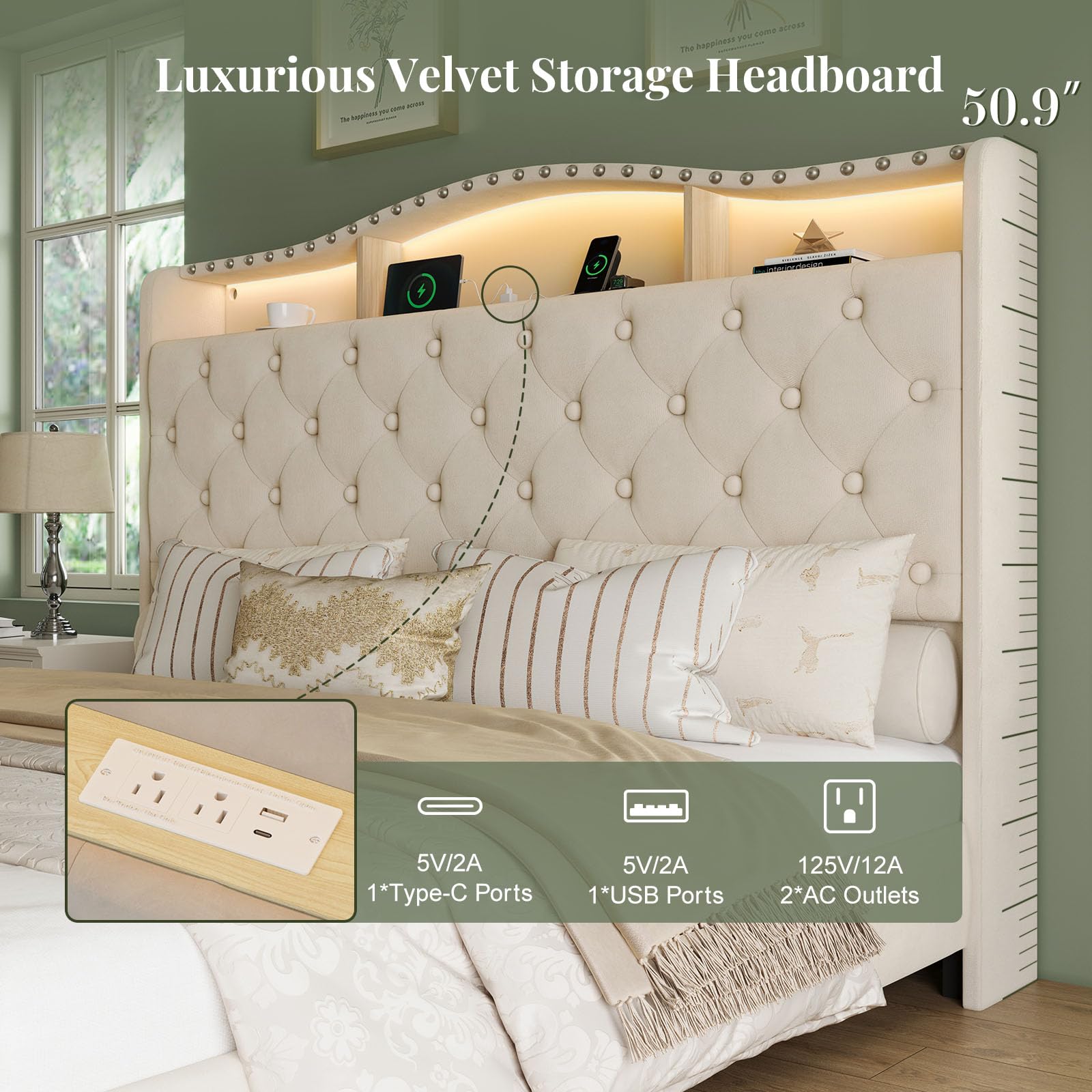 Velvet Wingback Bed Frame with LED Lights & Storage