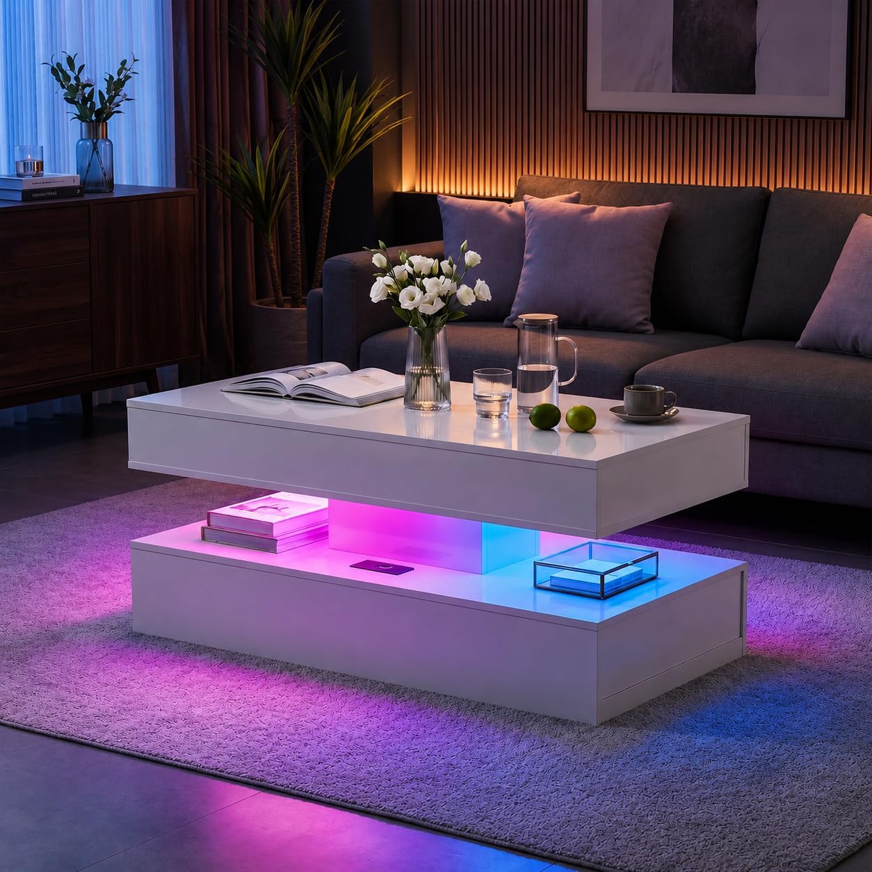 Breezestival 47 Inch LED Lift Top Coffee Table, High Gloss Coffee Table with 2 Sliding Drawers, Open Storage Shelf and Ambient Light, Modern Double-Layer Center Table for Living Room White