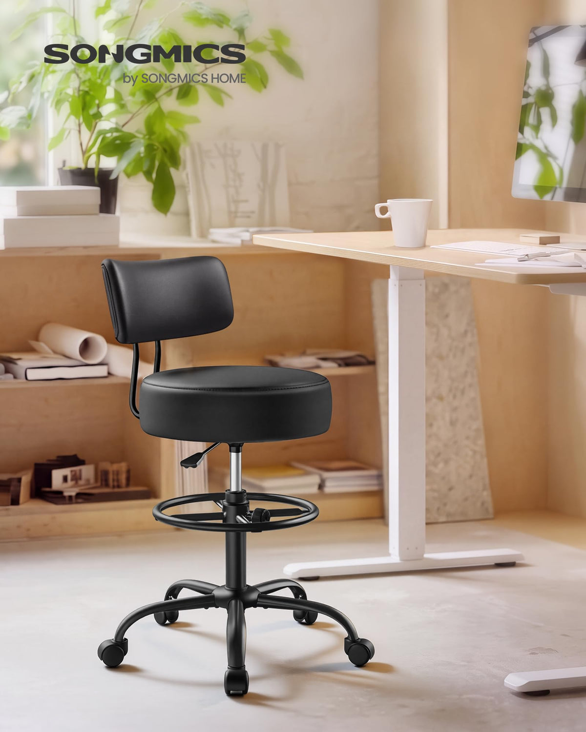 SONGMICS Drafting Chair with Backrest, Height Rolling Stool, PU Leather