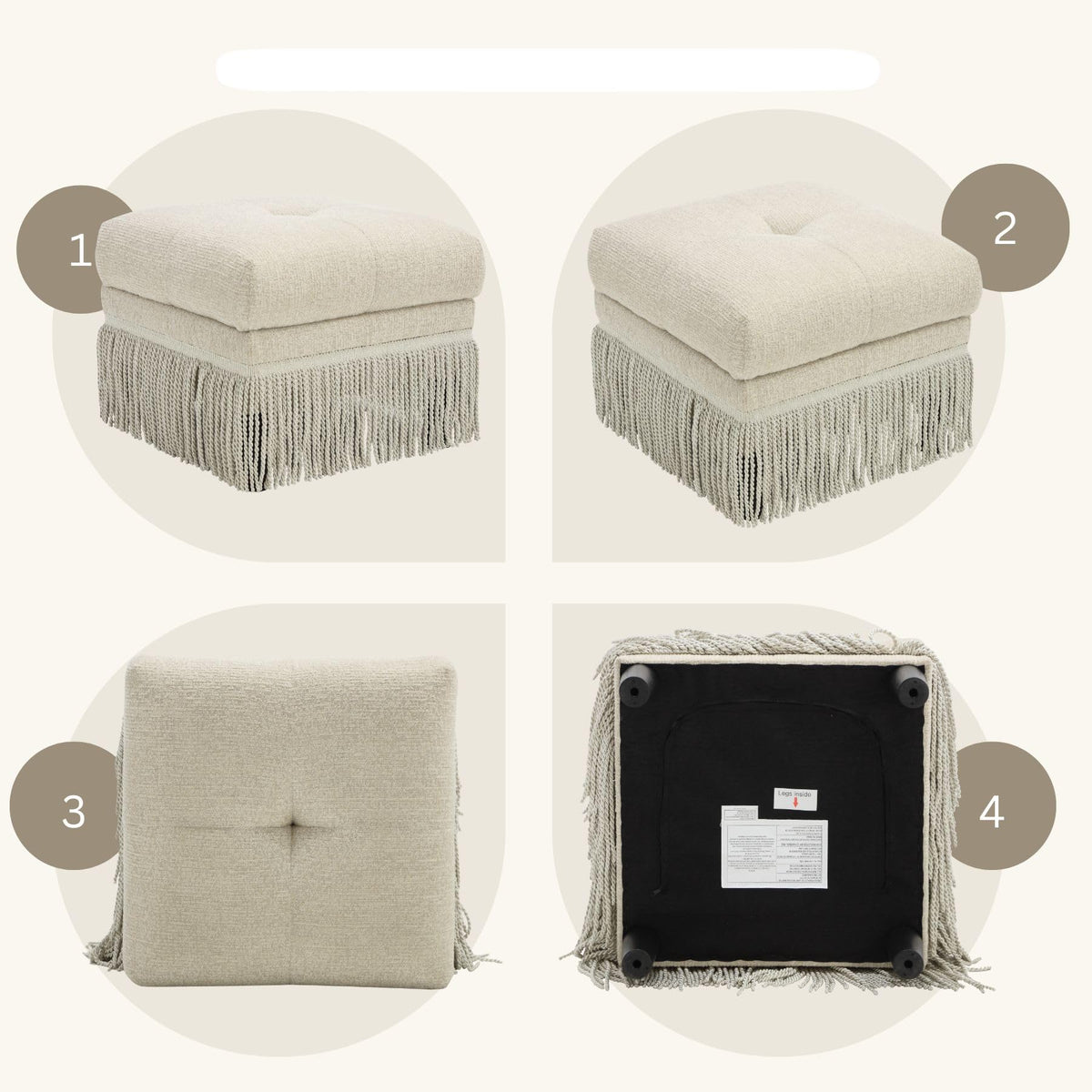 Hyfirm Upholstered Ottoman Footstool with Fringe Skirt, 21.5" Square